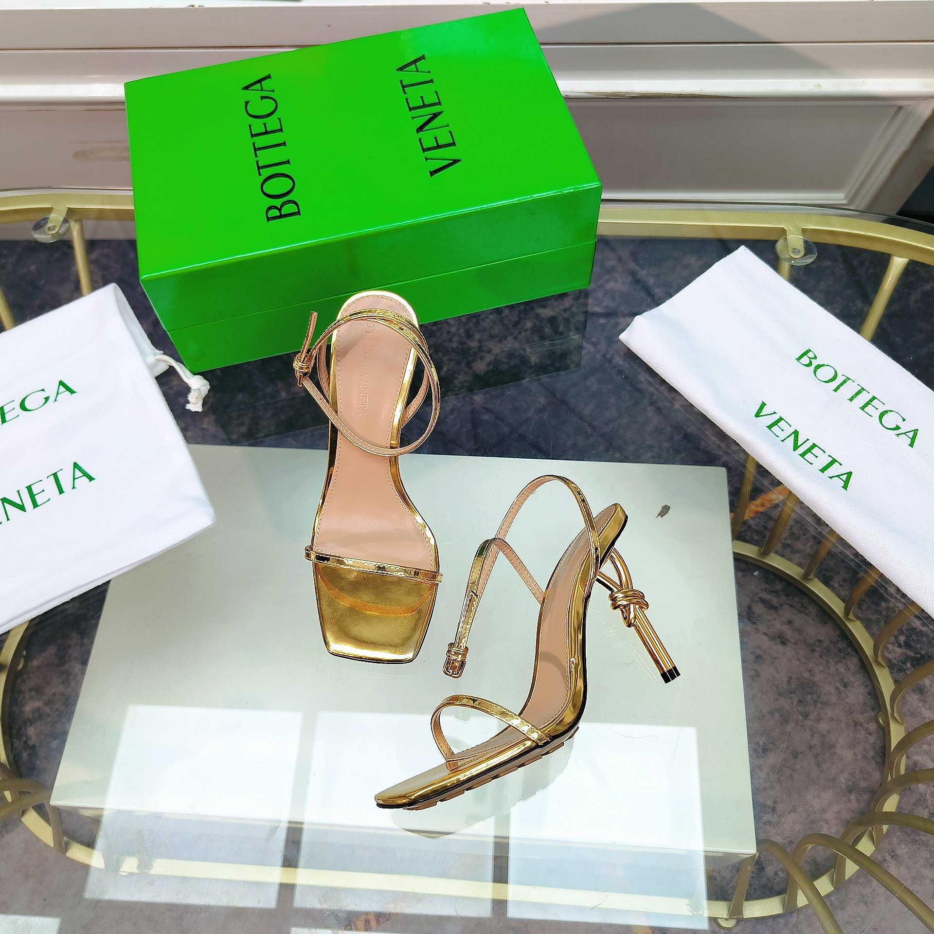 Bottega Veneta Gold Knot Gold Sandals Heels - DesignerGu