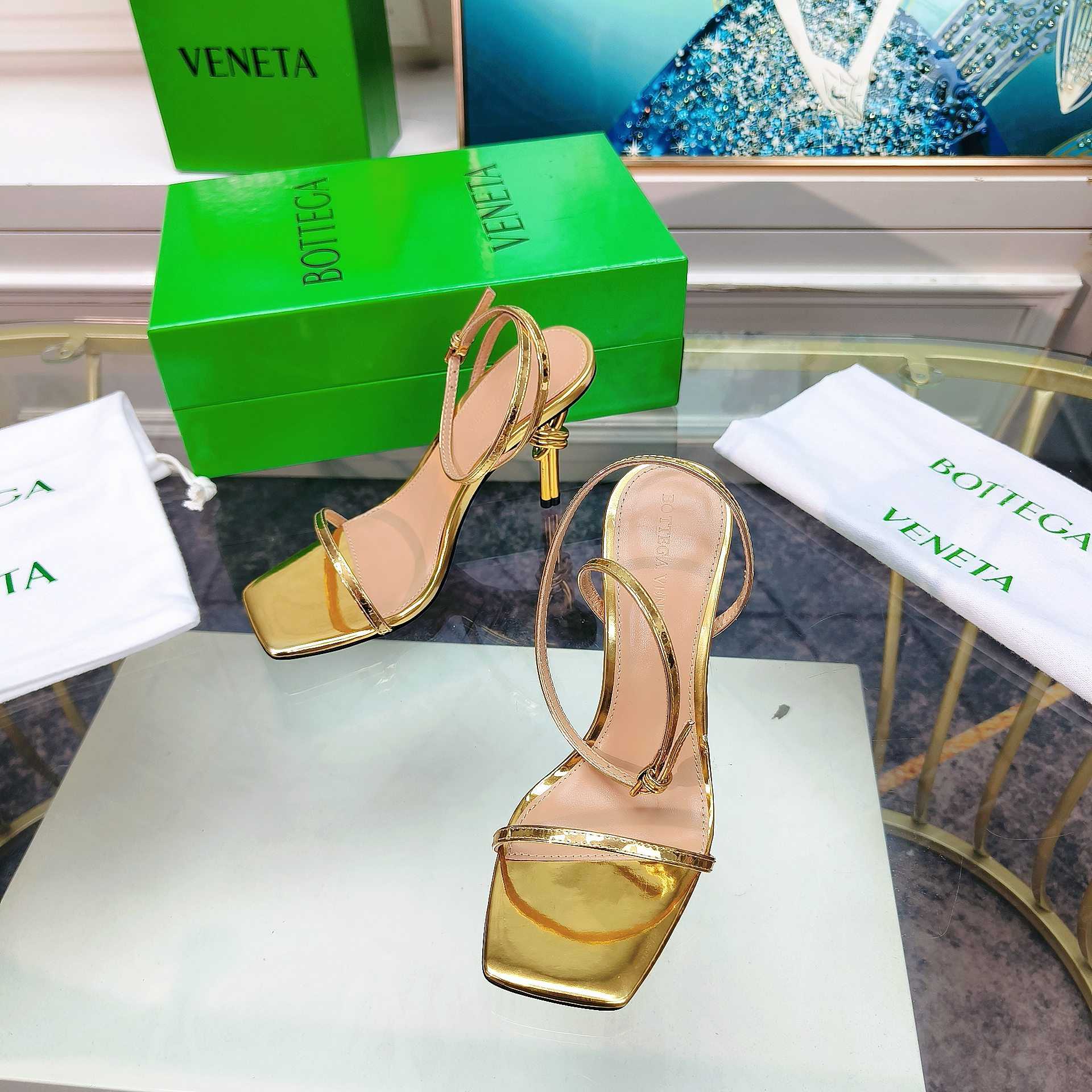 Bottega Veneta Gold Knot Gold Sandals Heels - DesignerGu