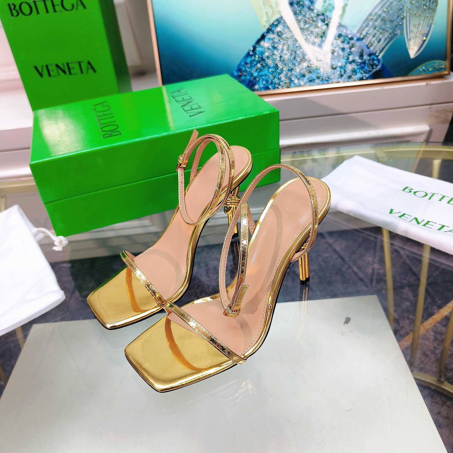Bottega Veneta Gold Knot Gold Sandals Heels - DesignerGu