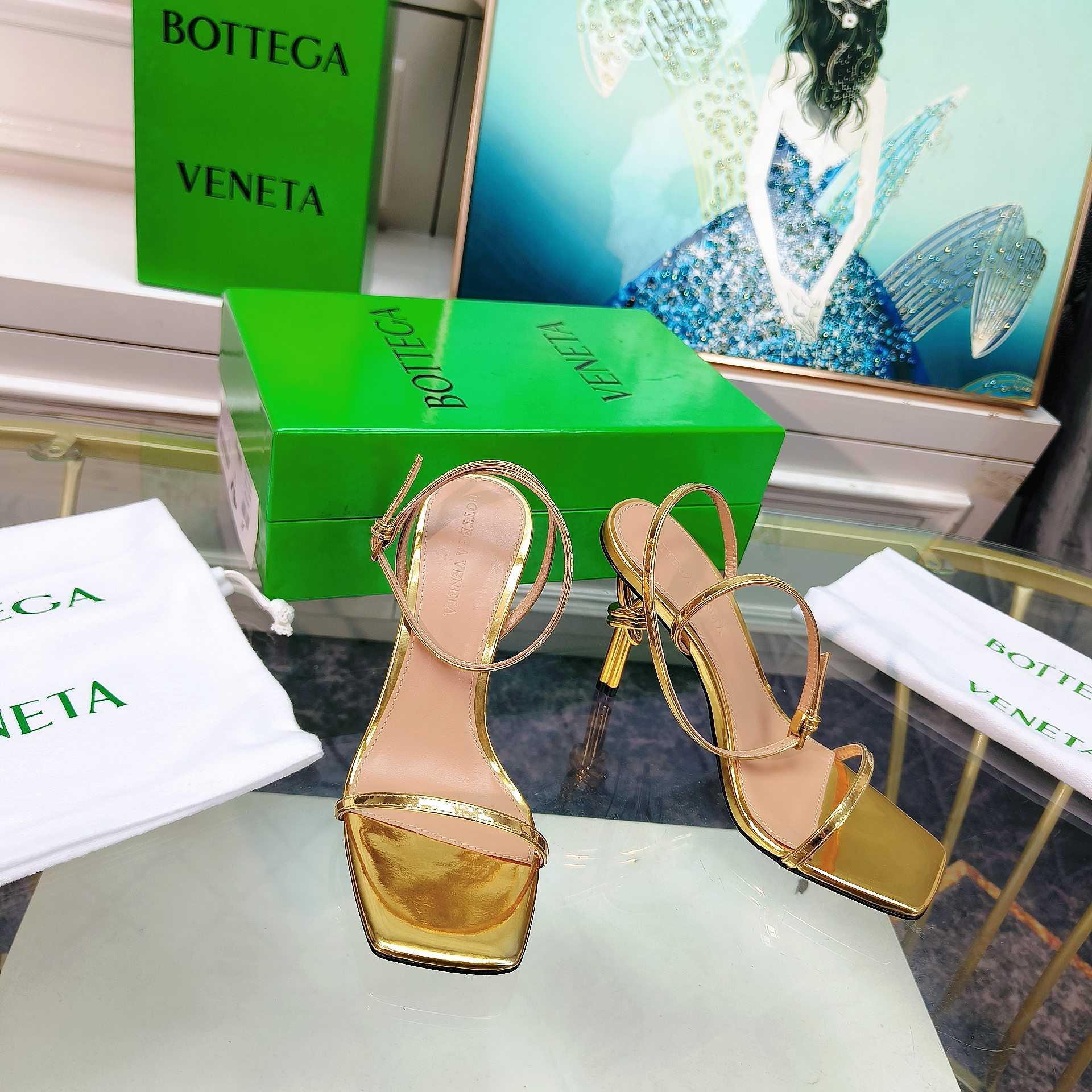 Bottega Veneta Gold Knot Gold Sandals Heels - DesignerGu