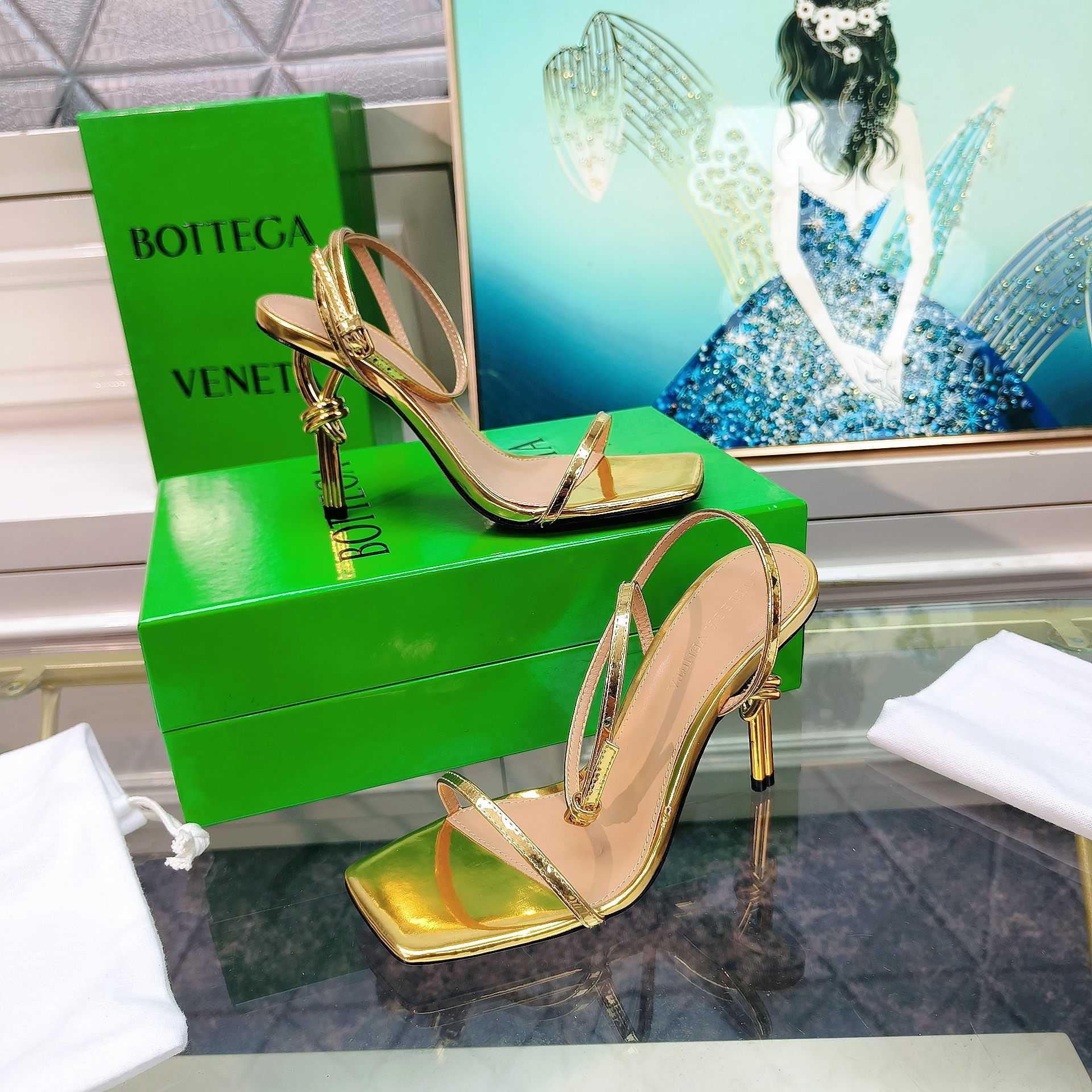 Bottega Veneta Gold Knot Gold Sandals Heels - DesignerGu