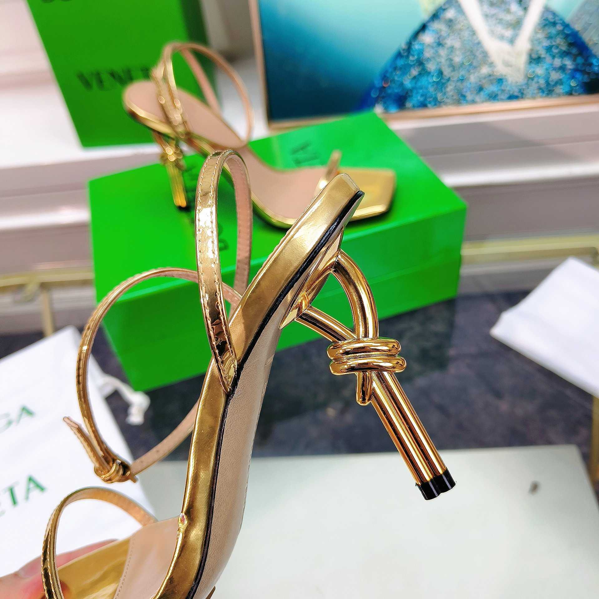 Bottega Veneta Gold Knot Gold Sandals Heels - DesignerGu