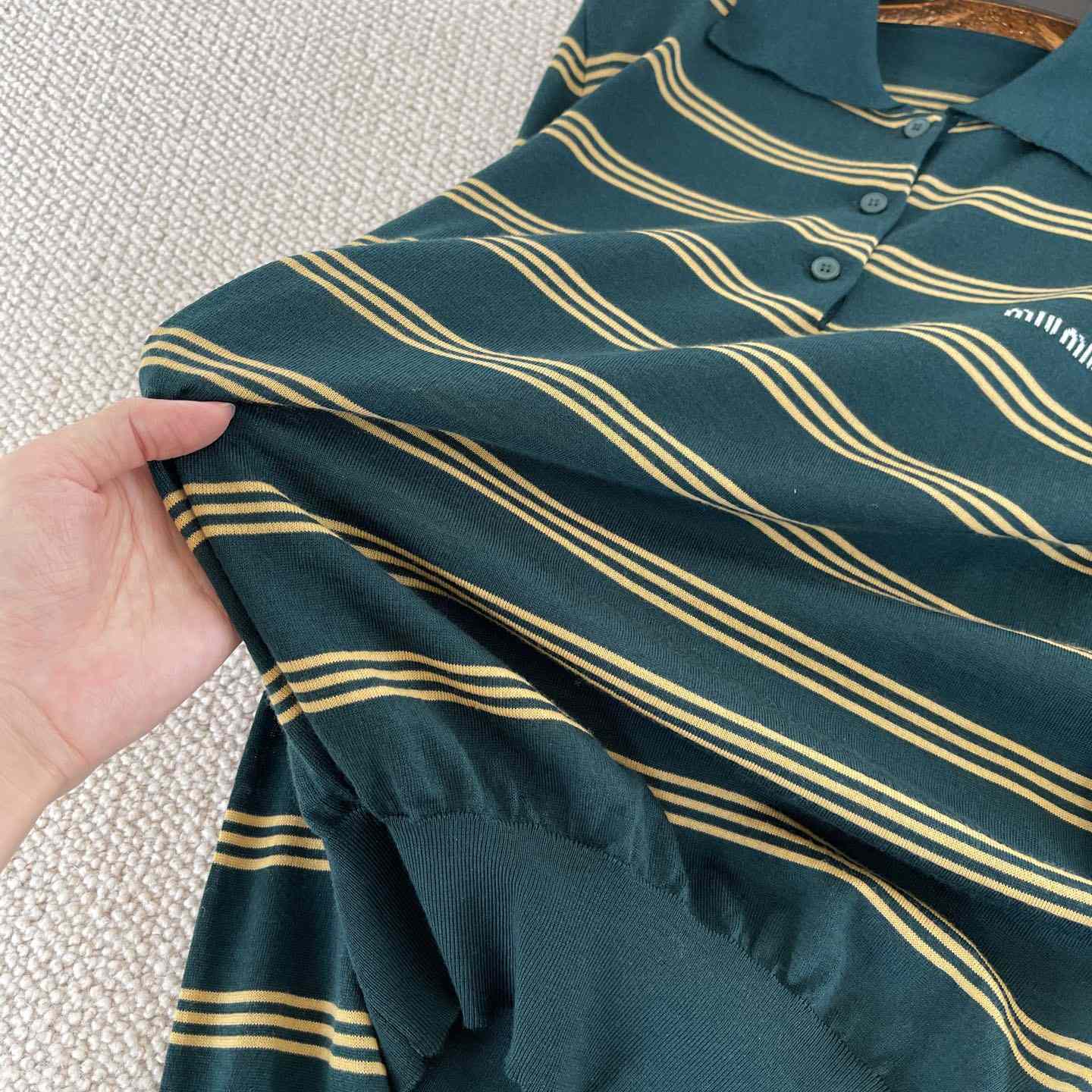 Miu Miu Women's Green and White Striped Sweater - DesignerGu