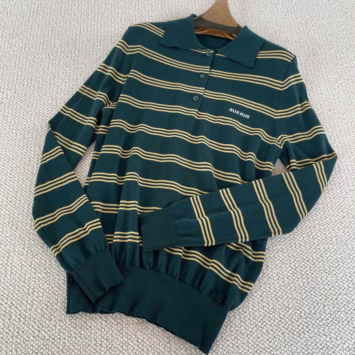 Miu Miu Women's Green and White Striped Sweater - DesignerGu