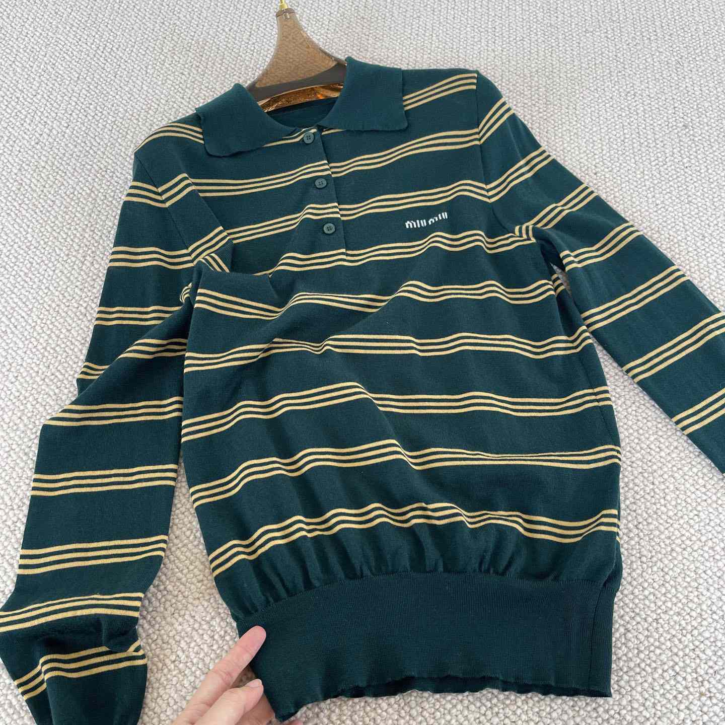 Miu Miu Women's Green and White Striped Sweater - DesignerGu