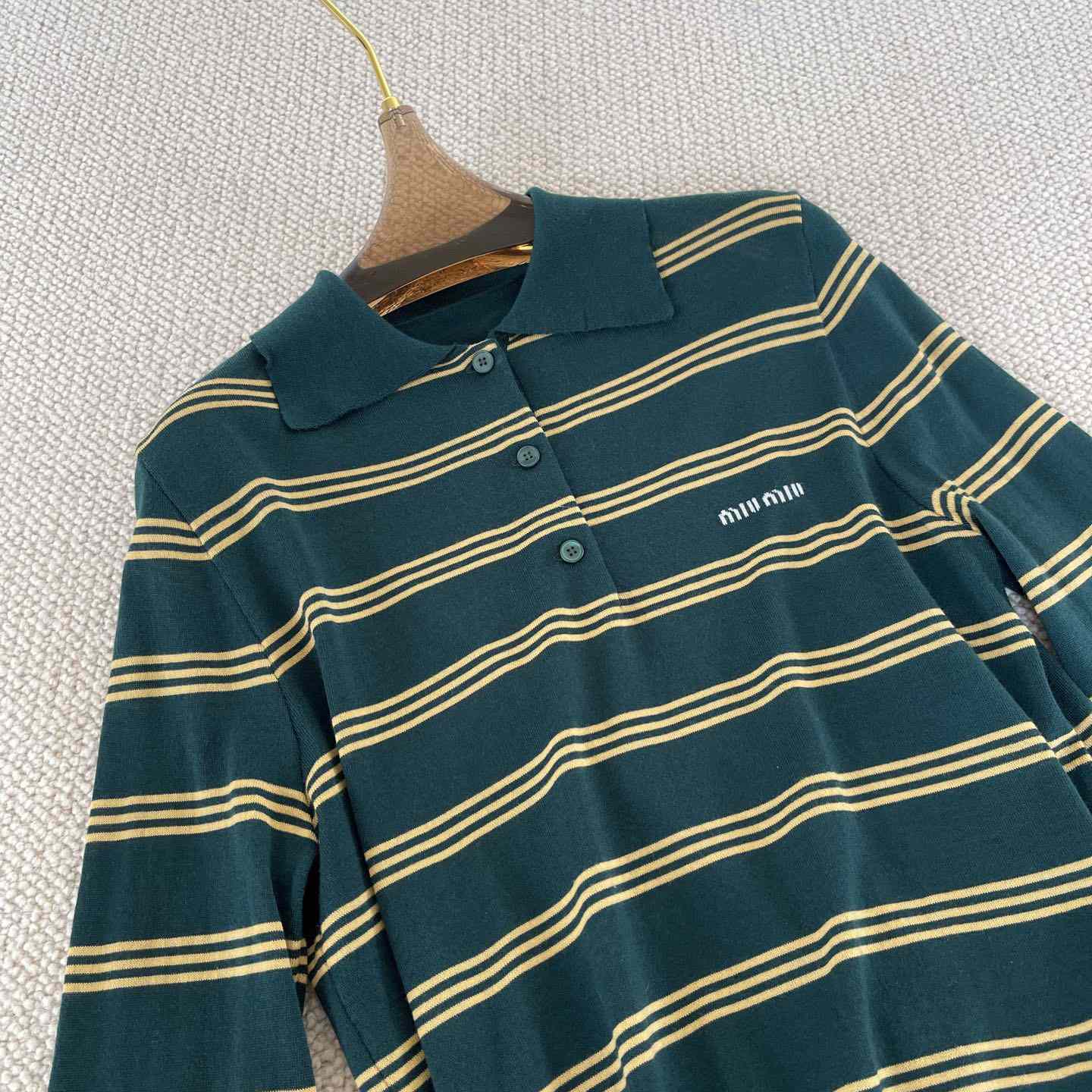 Miu Miu Women's Green and White Striped Sweater - DesignerGu