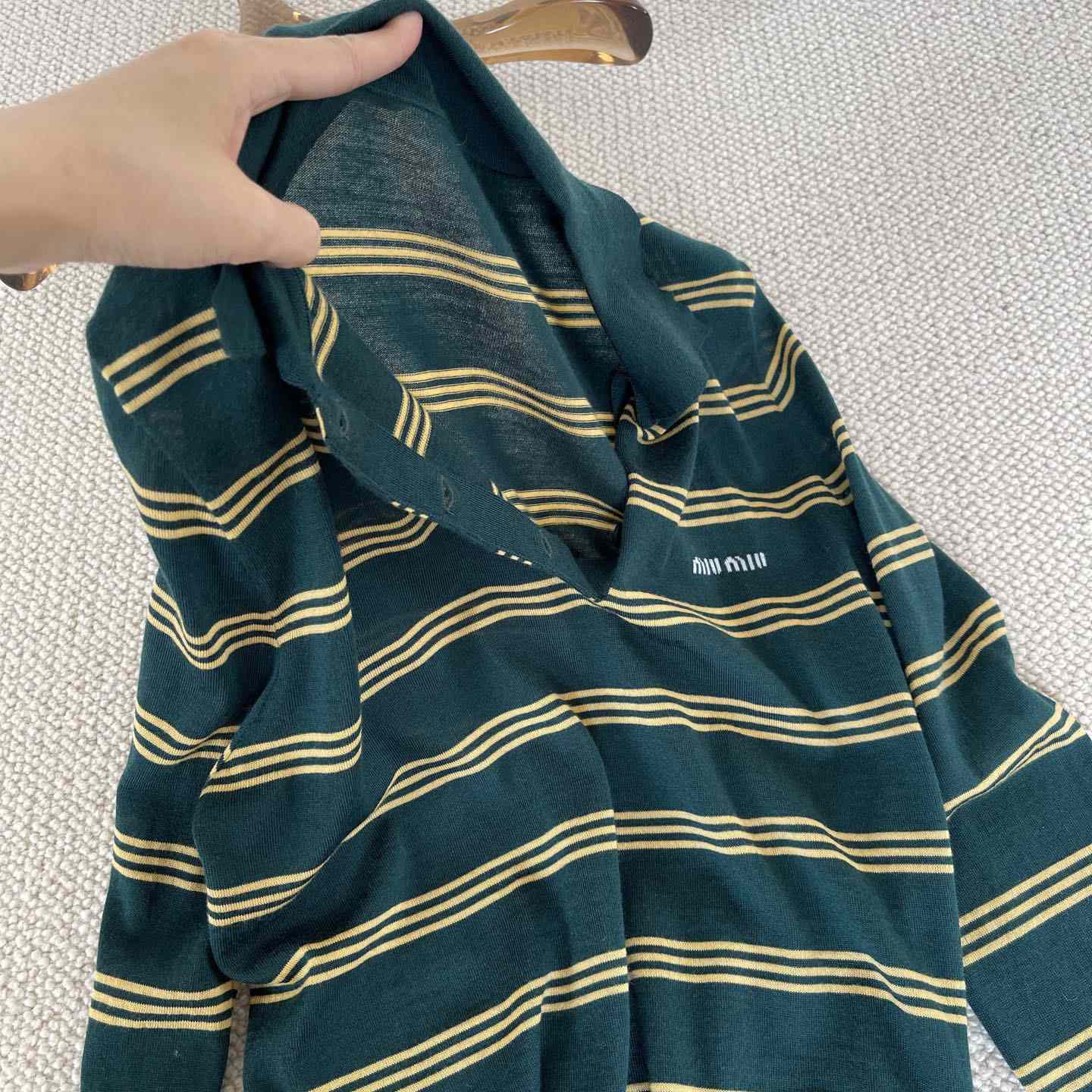Miu Miu Women's Green and White Striped Sweater - DesignerGu