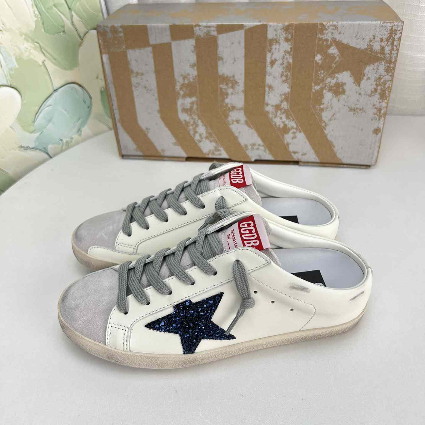 Golden Goose Super-Star Sabots In White Leather With Blue Glitter Star And Dove-Gray Suede Tongue - DesignerGu