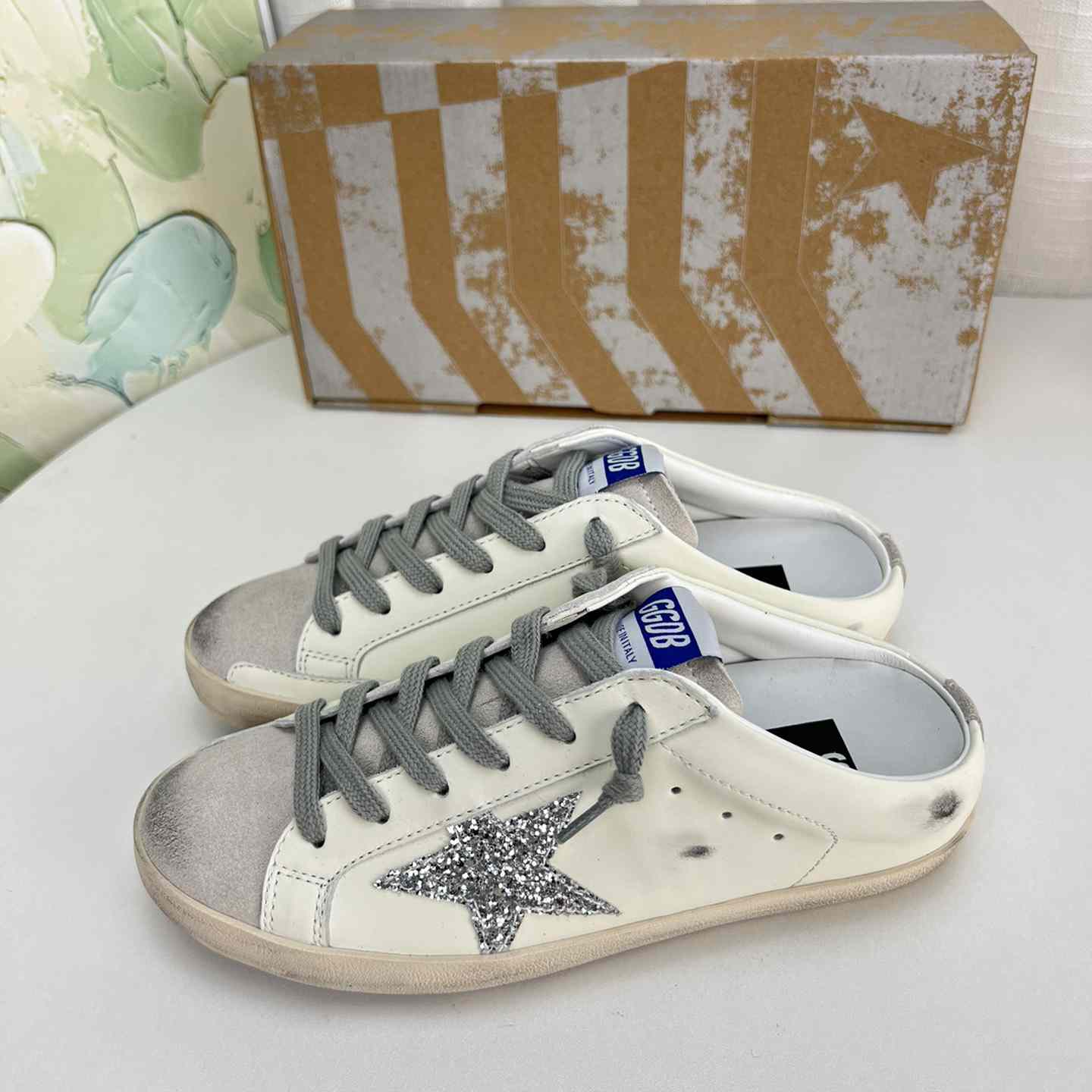 Golden Goose Super-Star Sabots In White Leather And Gray Suede With Silver Glitter Star - DesignerGu