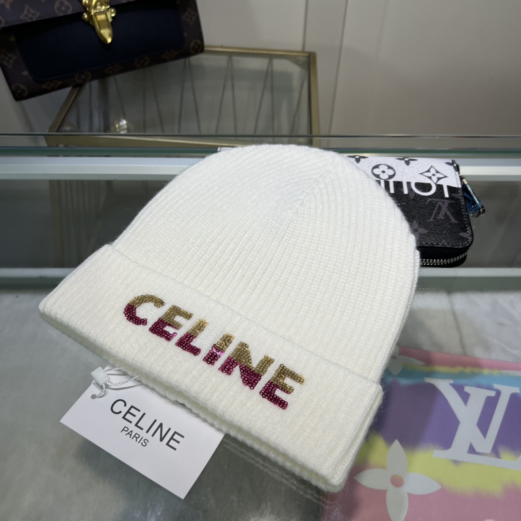 Celine Embroidered Beanie In Ribbed Wool - DesignerGu