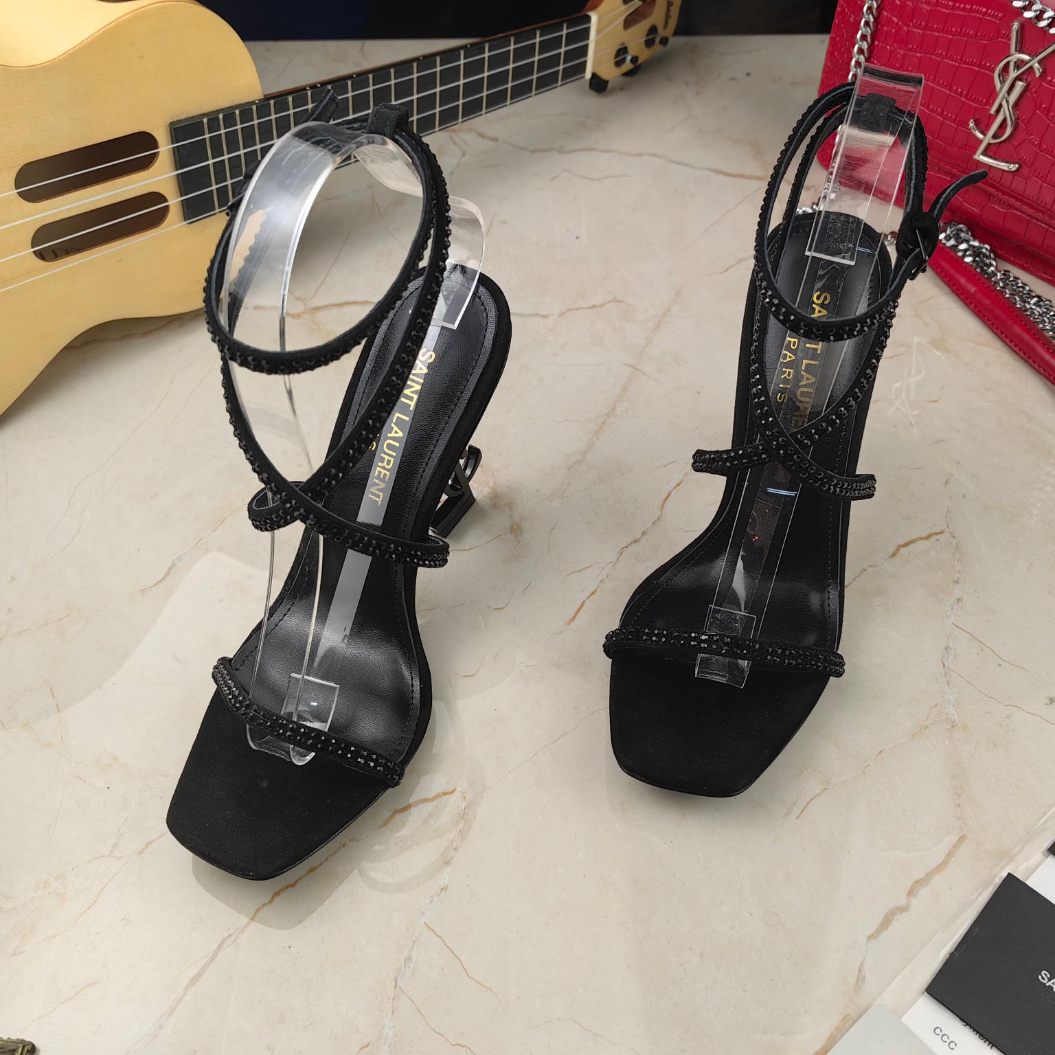 Saint Laurent Opyum Sandals In Crepe Satin And Rhinestones  - DesignerGu