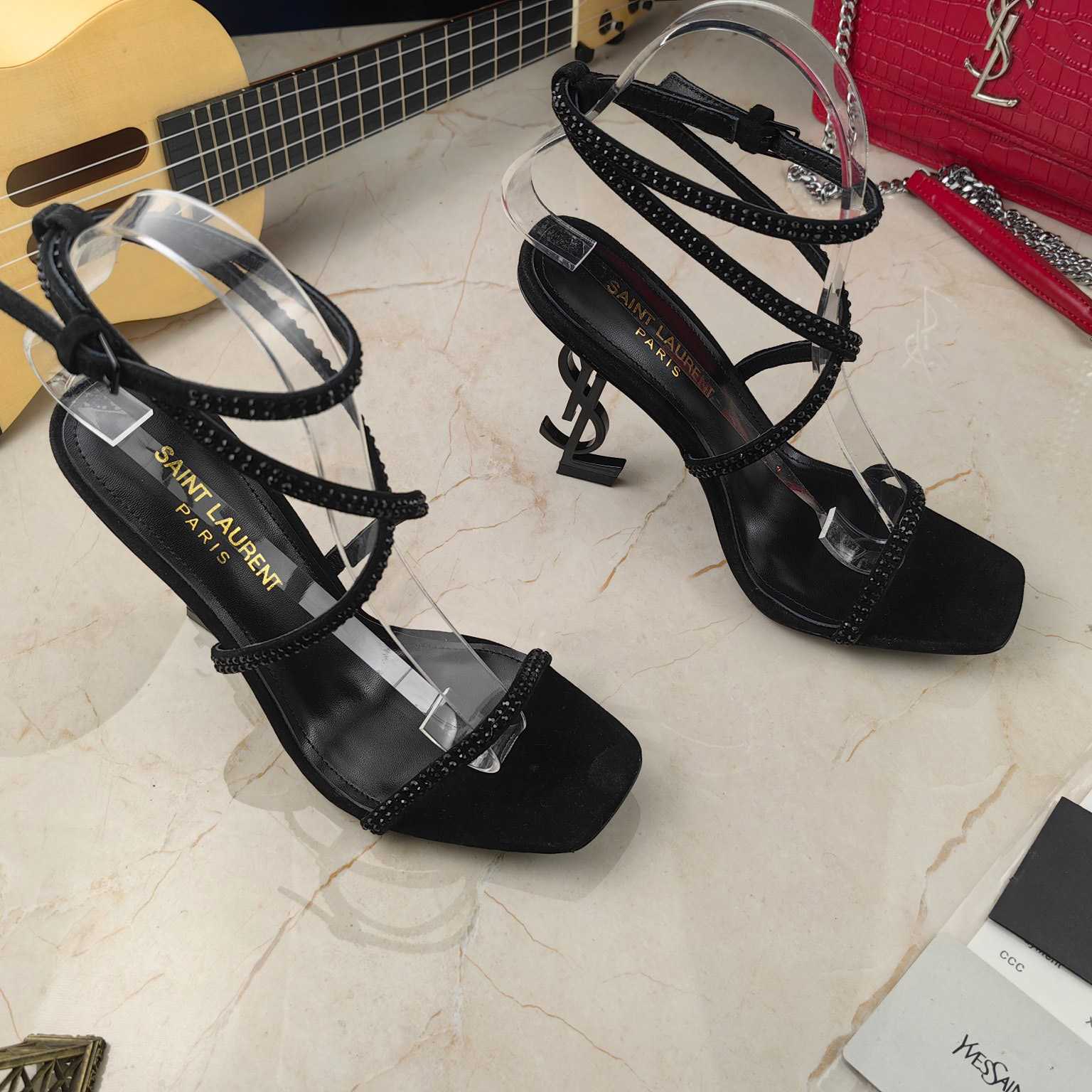 Saint Laurent Opyum Sandals In Crepe Satin And Rhinestones  - DesignerGu