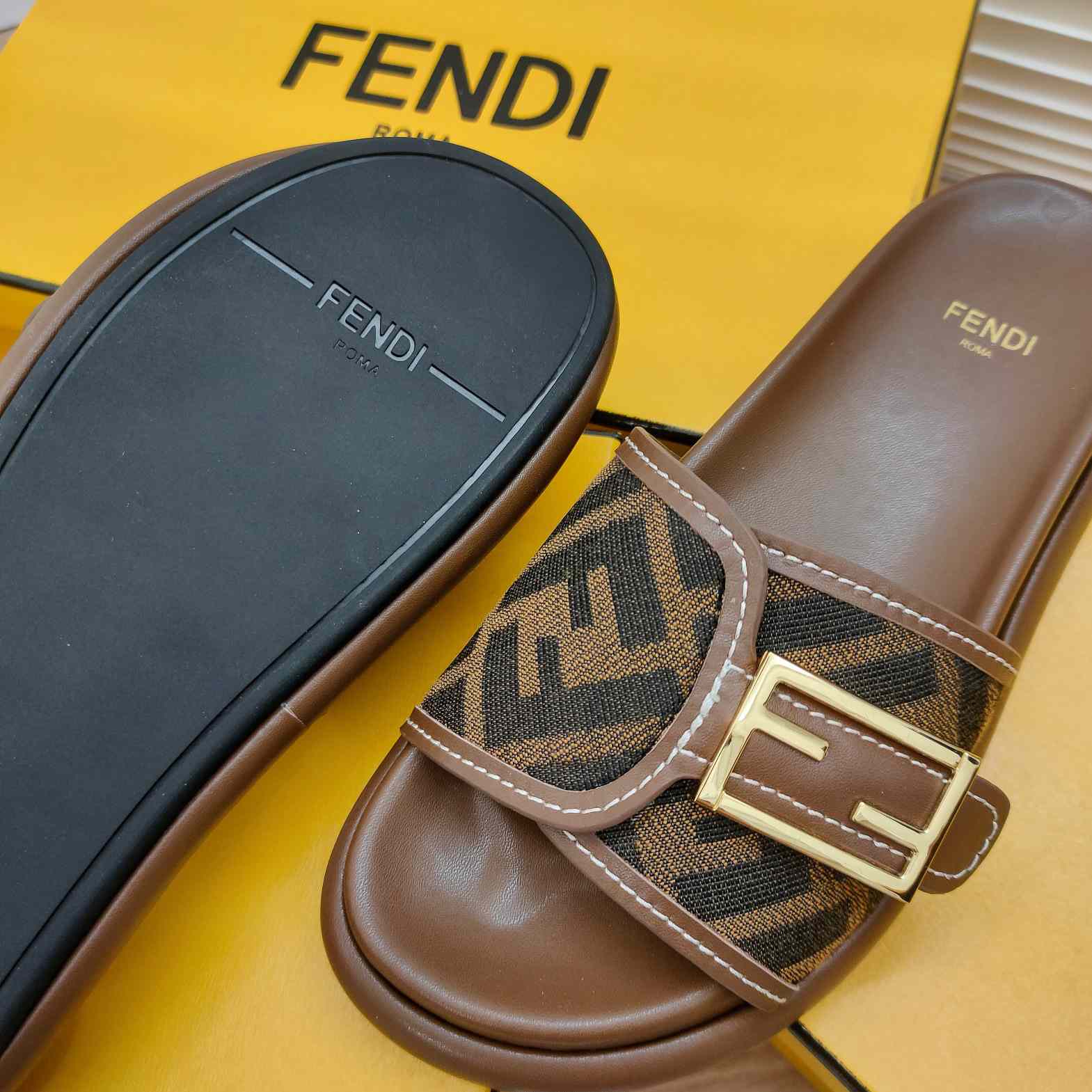 Fendi Feel Brown Fabric Slides - 