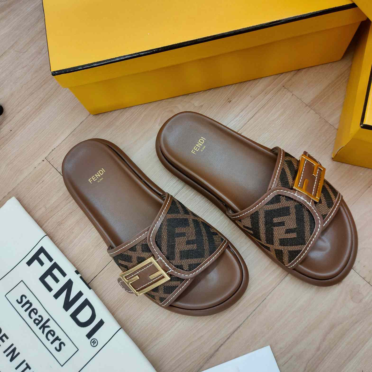 Fendi Feel Brown Fabric Slides - 