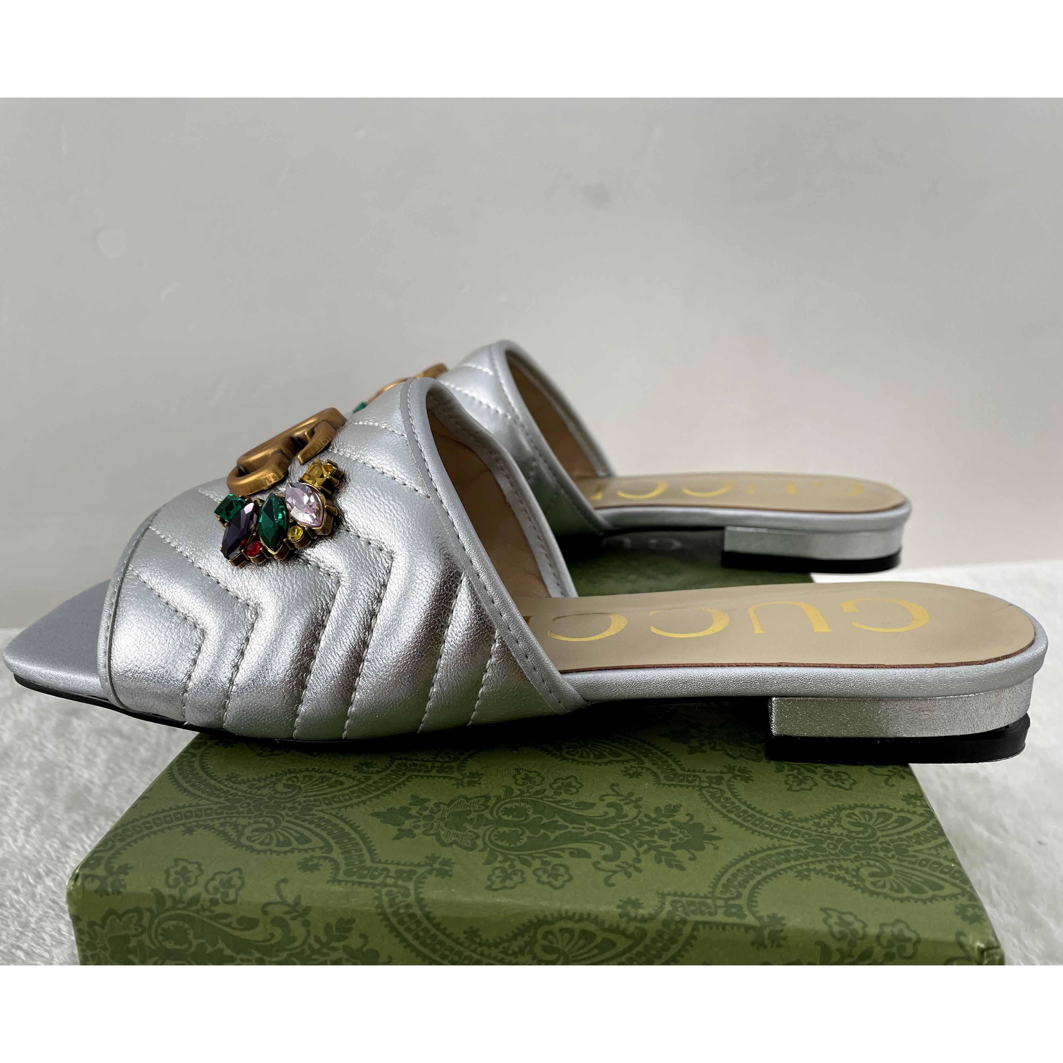 Gucci Women's Crystal Embellished Leather Slide Sandals - DesignerGu