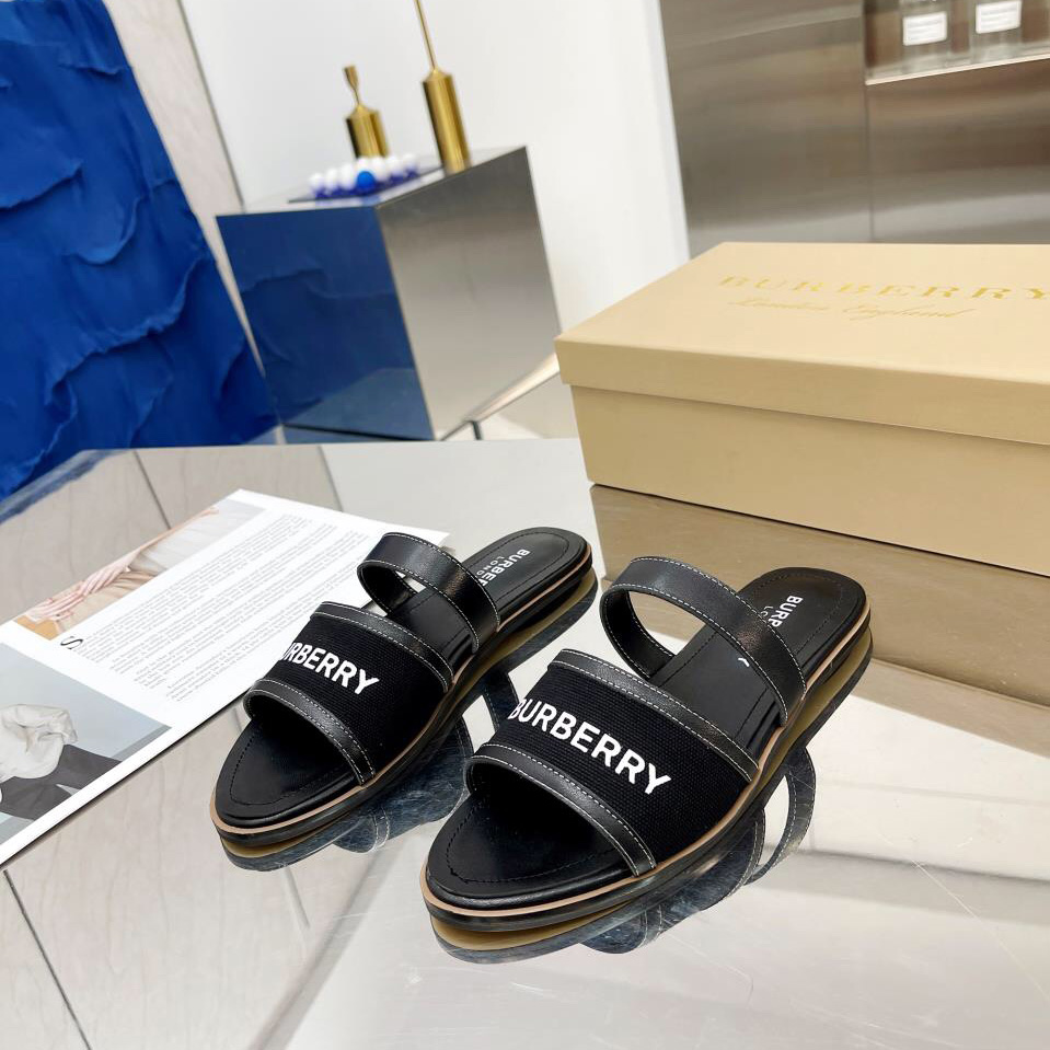 Burberry Women's Black Logo-appliquéd Leather And Cotton-canvas Slides - 