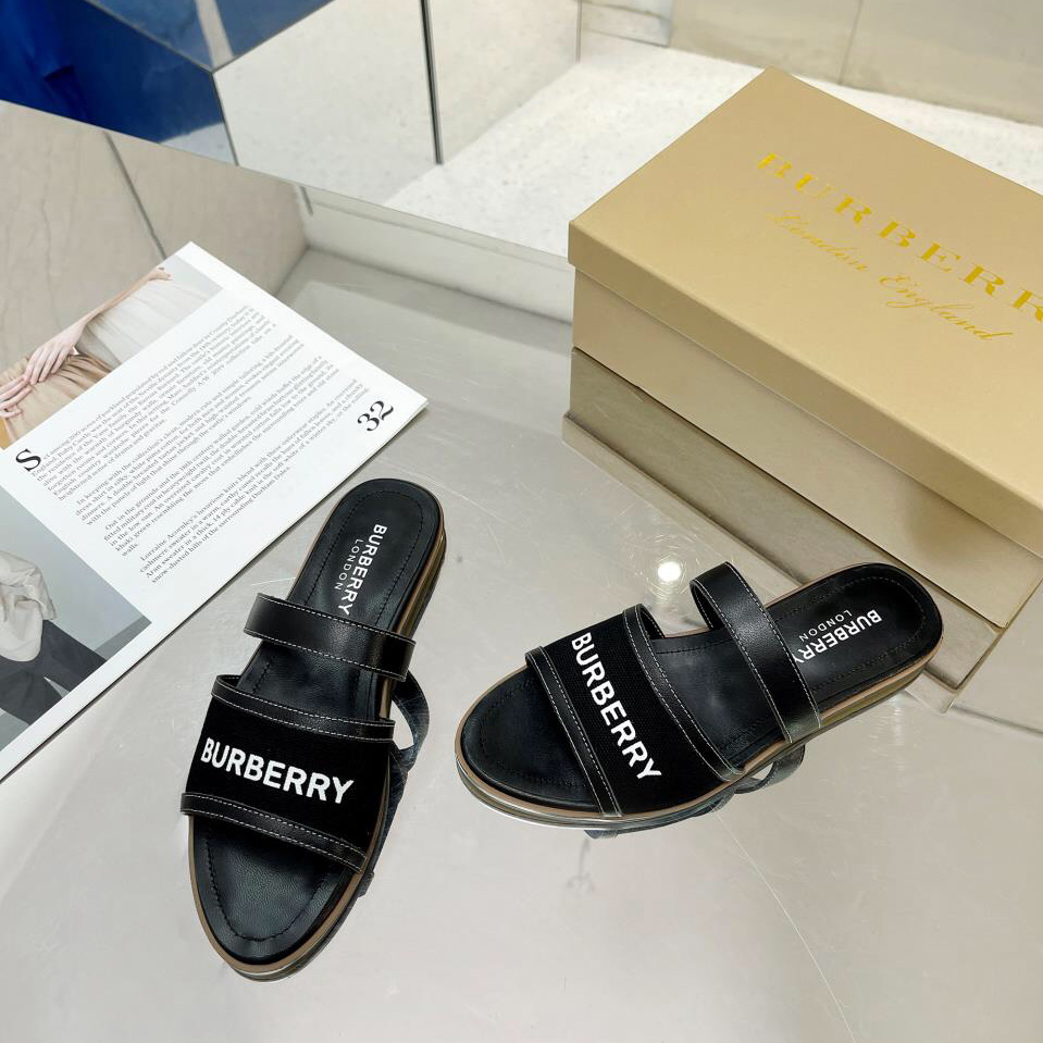 Burberry Women's Black Logo-appliquéd Leather And Cotton-canvas Slides - 