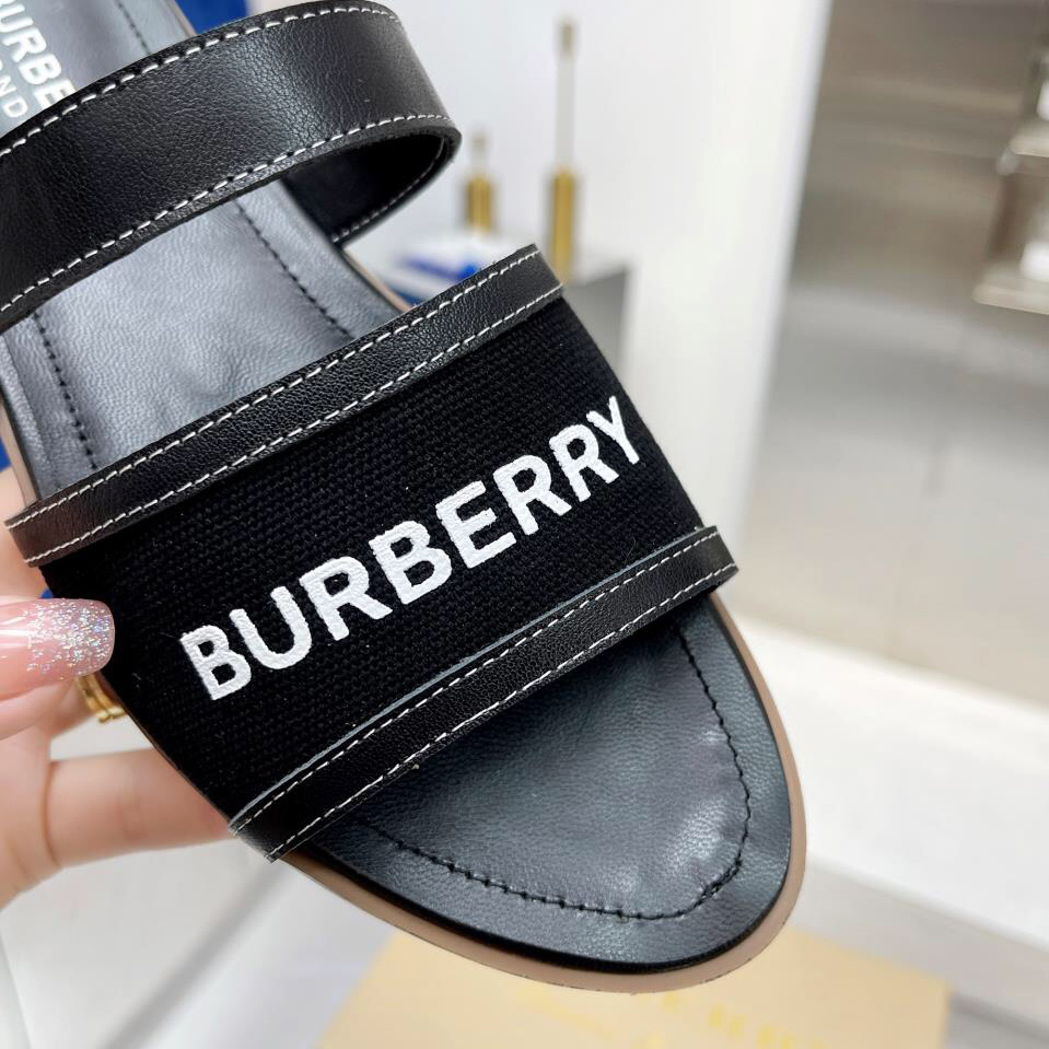 Burberry Women's Black Logo-appliquéd Leather And Cotton-canvas Slides - 