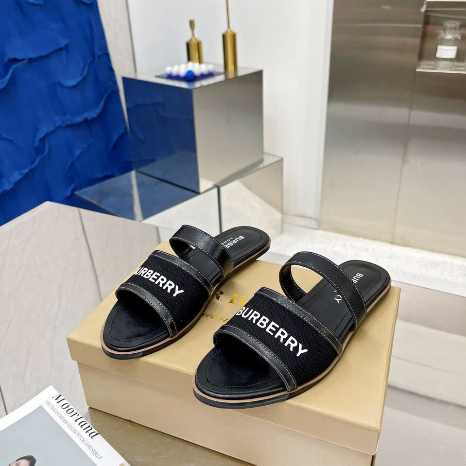 Burberry Women's Black Logo-appliquéd Leather And Cotton-canvas Slides - 