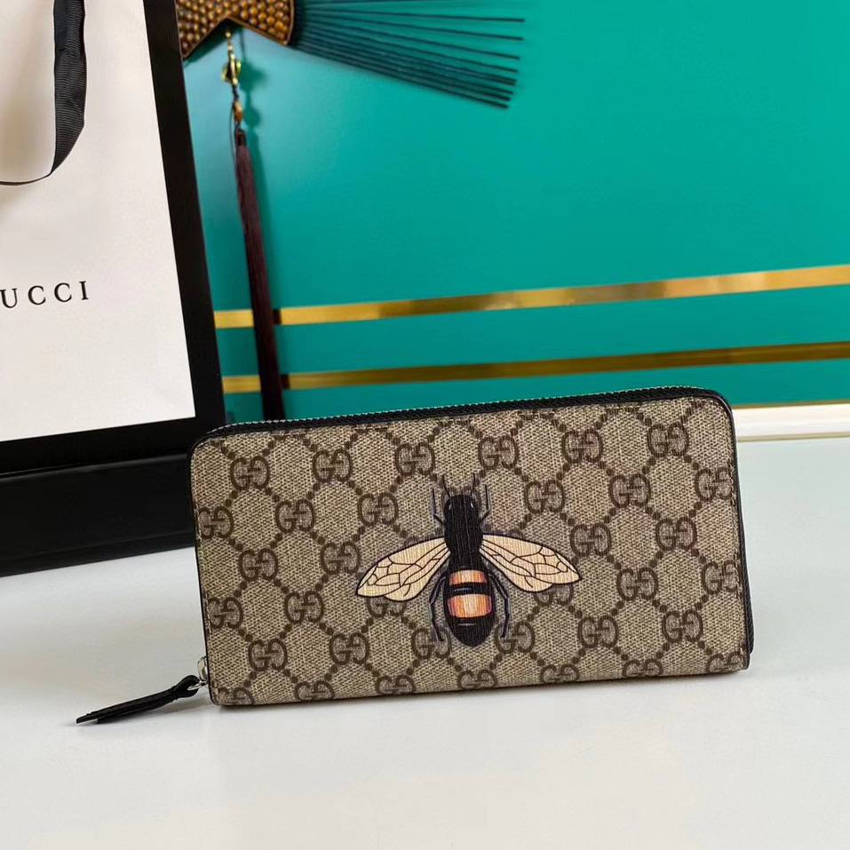 Gucci Bee Print GG Supreme Zip Around Wallet (19*10.5*2.5cm) - DesignerGu