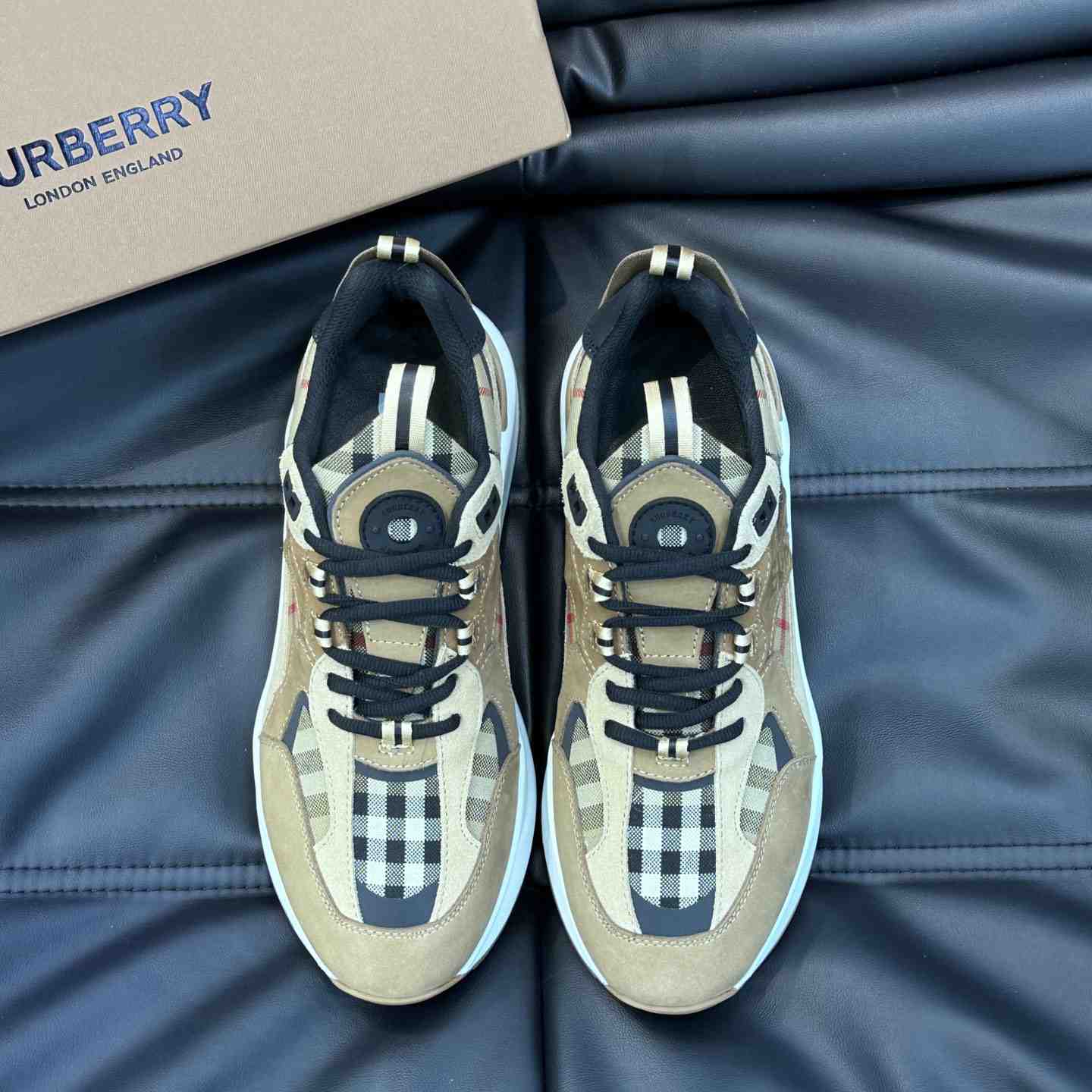 Burberry Beige Leather And Check Print Trainer - DesignerGu