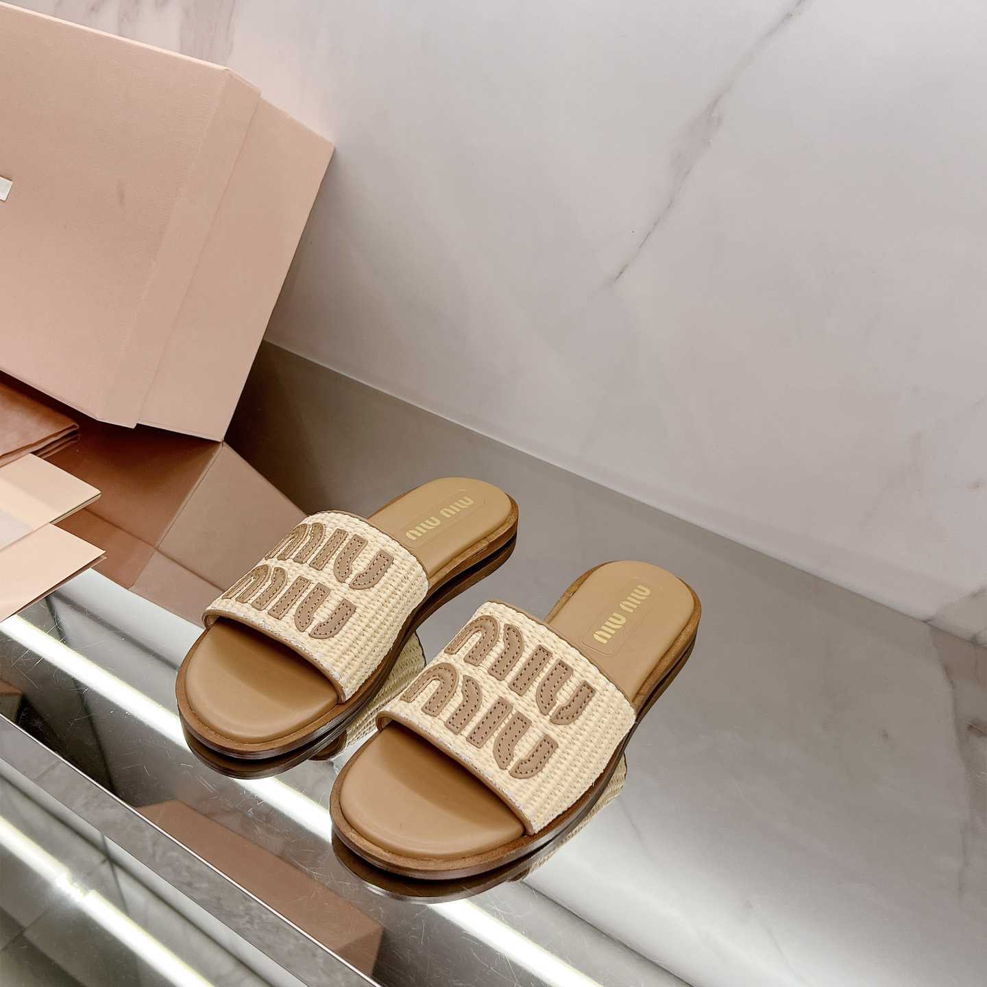 Miu Miu Raffia-effect Woven Fabric Slides - DesignerGu