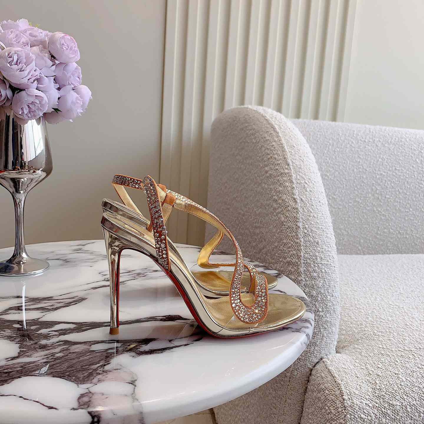 Christian Louboutin Gold Suede Crystal Embellished Rosalie Sandals - DesignerGu