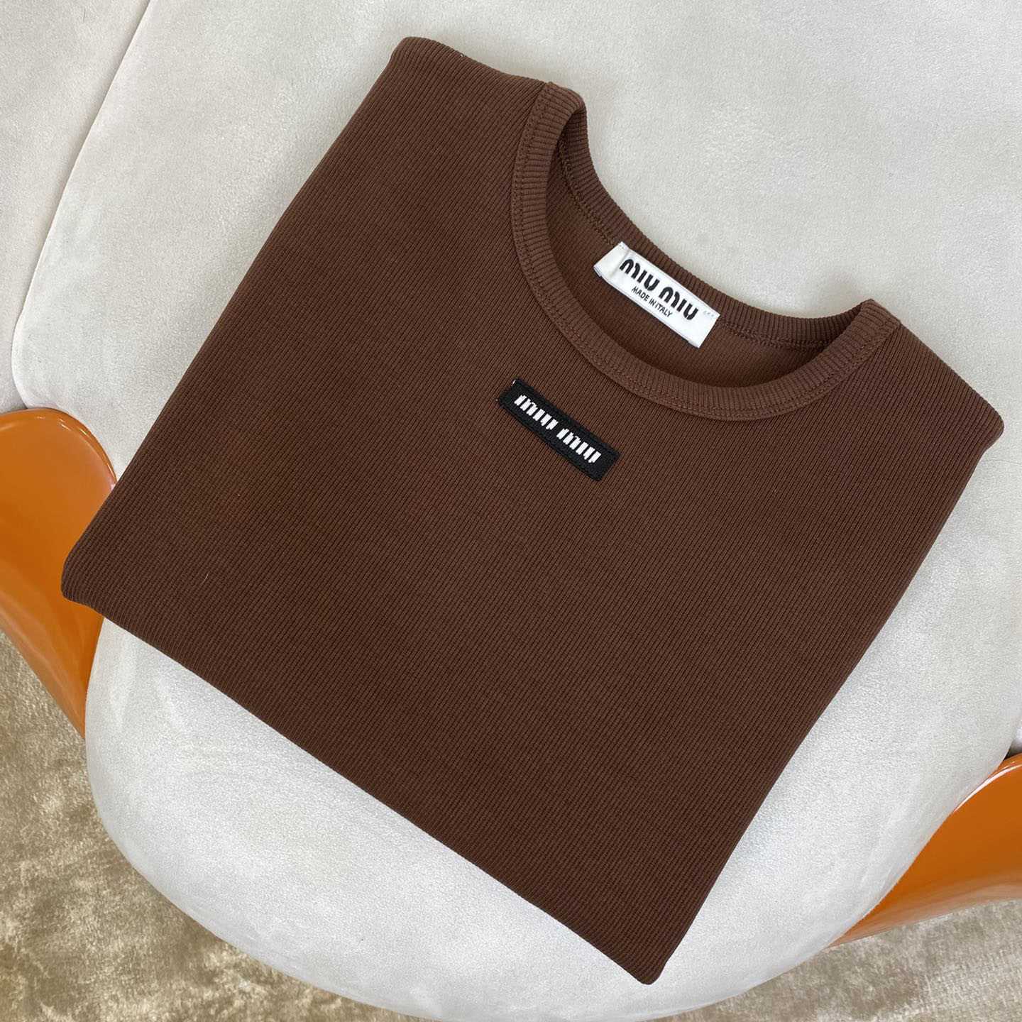 Miu Miu Brown Ribbed Cropped T-Shirt - 