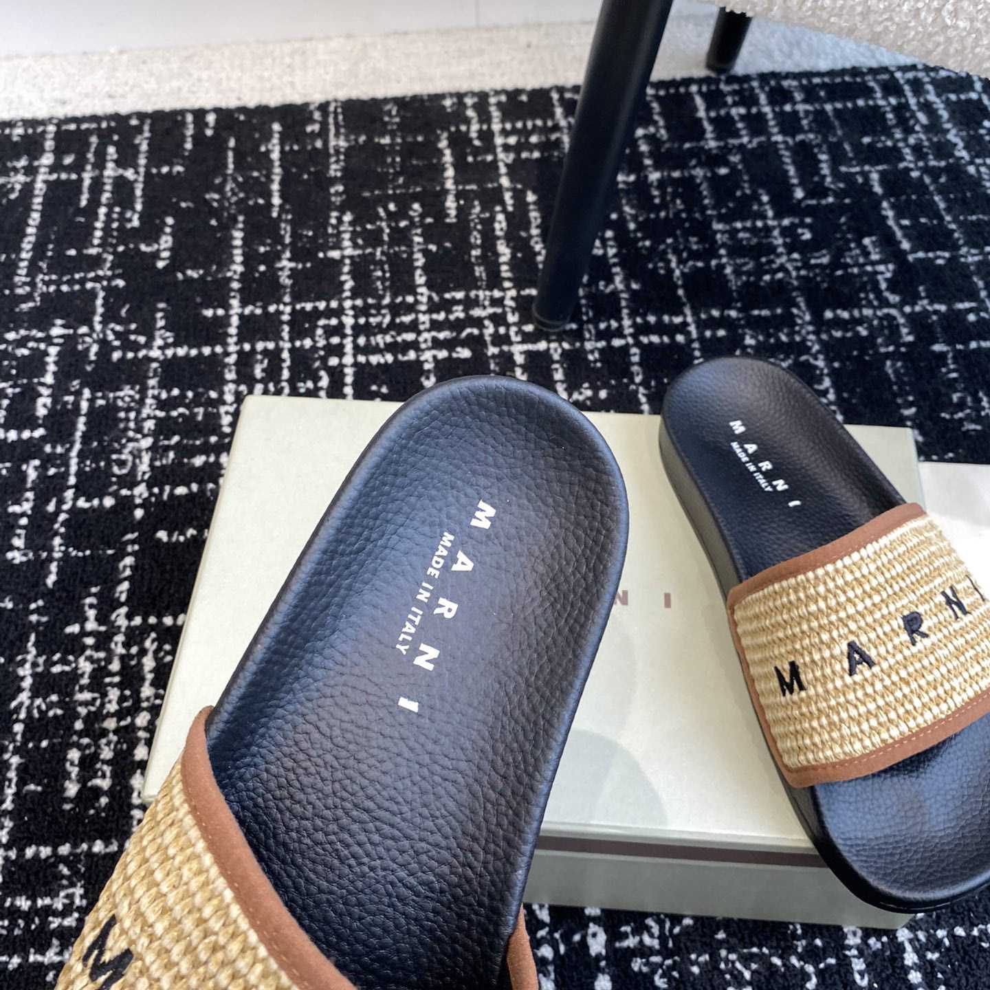 Marni Slide Logo-embroidered Raffia Slides  - DesignerGu