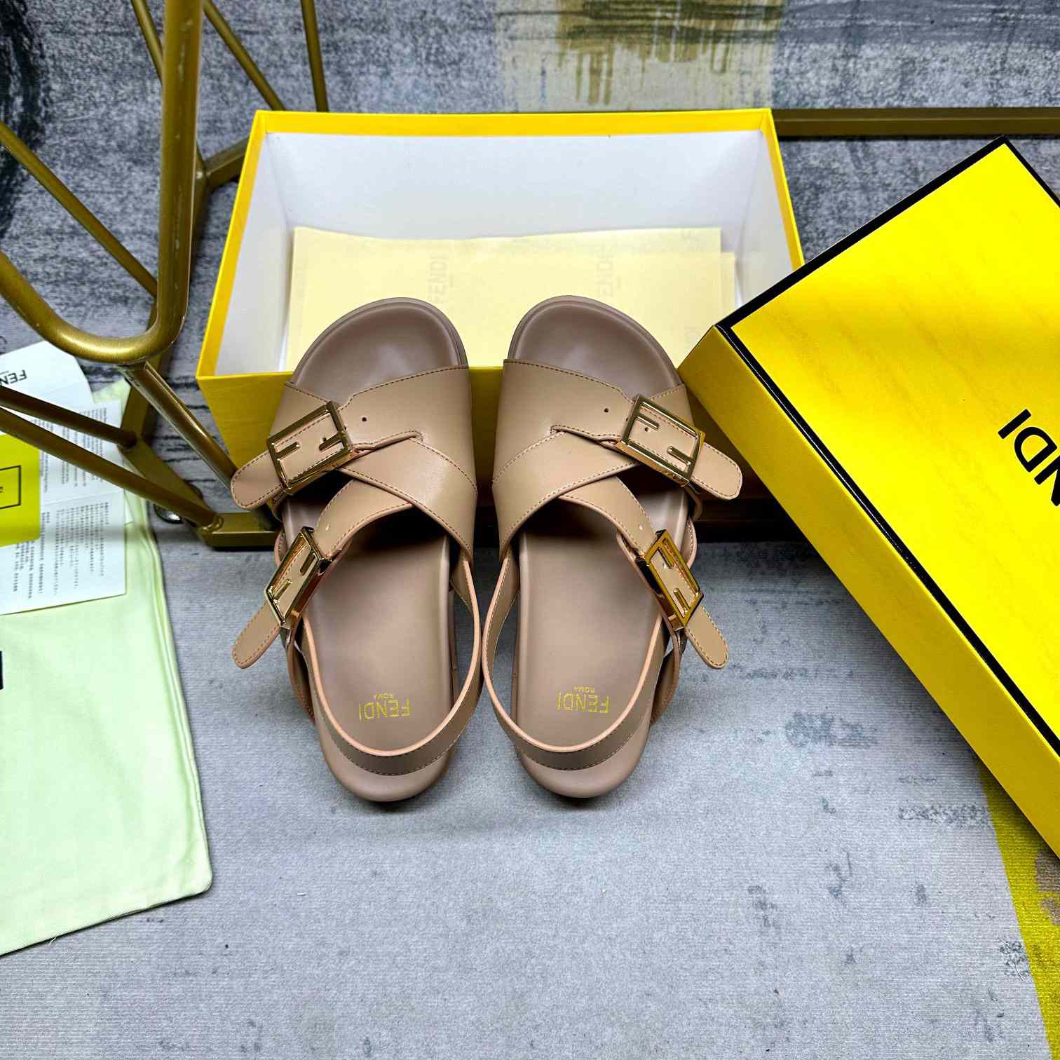 Fendi Feel Beige Leather Slides - DesignerGu