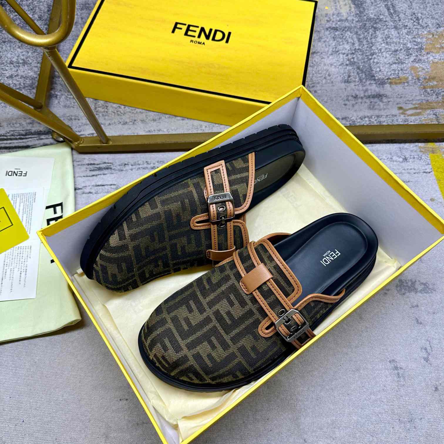 Fendi Feel Brown FF Jacquard Sandals - DesignerGu