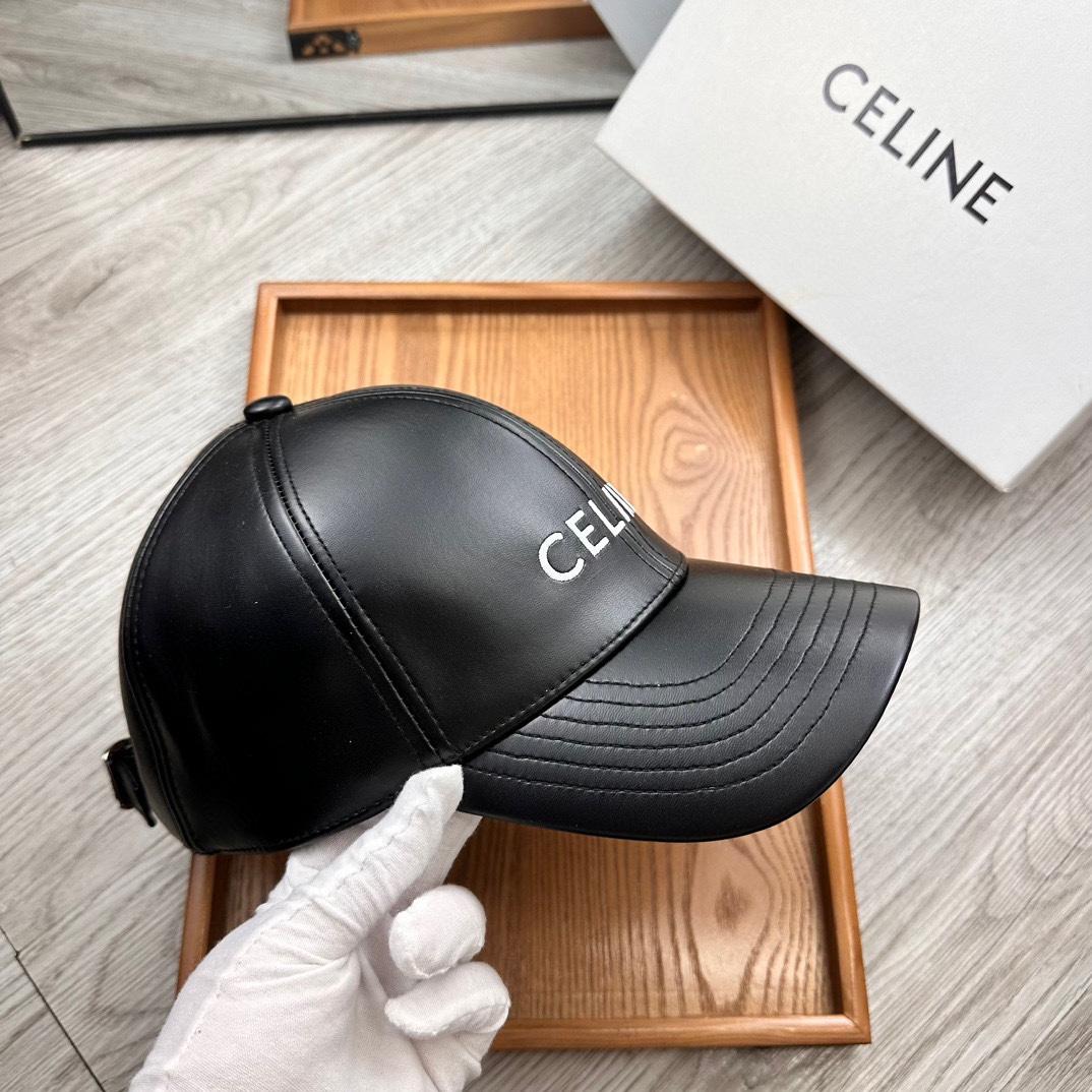 Celine Black Leather Baseball Cap - DesignerGu
