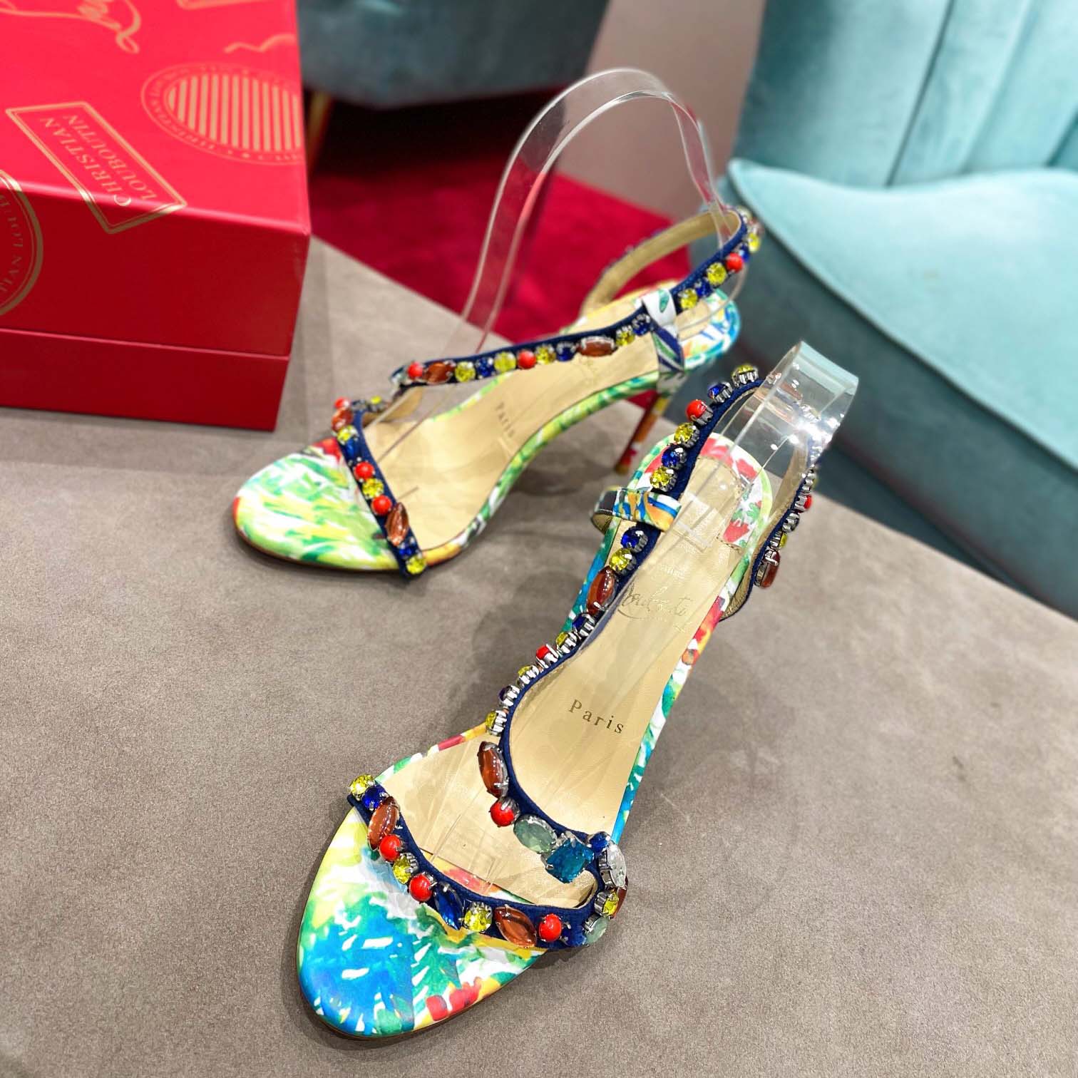 Christian Louboutin Satin Floral Print Slingback Sandals  10cm - DesignerGu