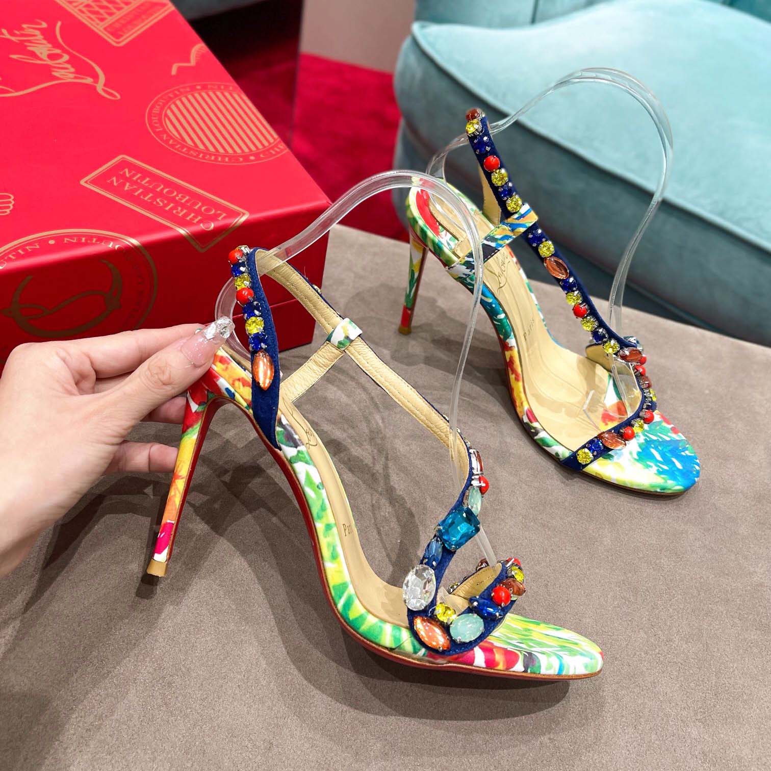 Christian Louboutin Satin Floral Print Slingback Sandals  10cm - DesignerGu