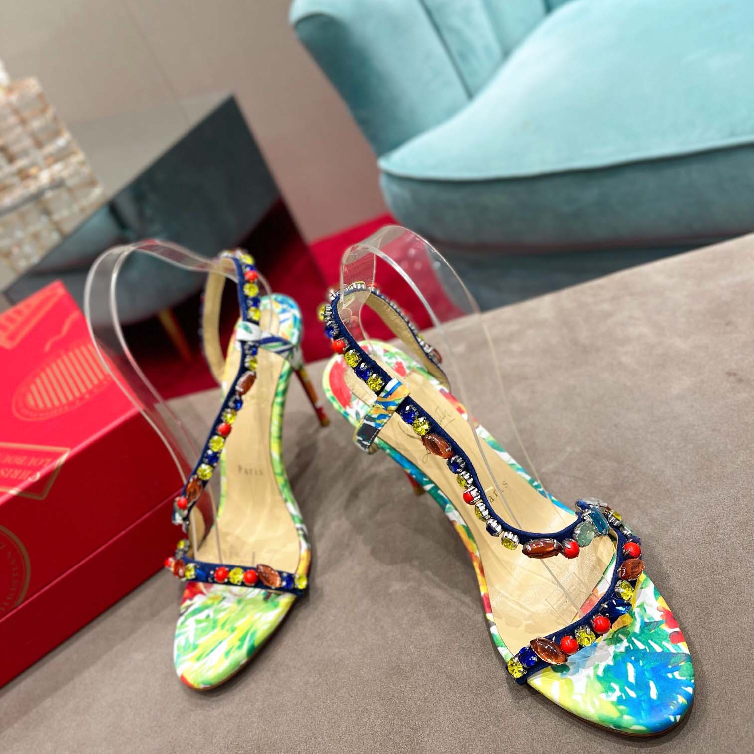 Christian Louboutin Satin Floral Print Slingback Sandals  10cm - DesignerGu