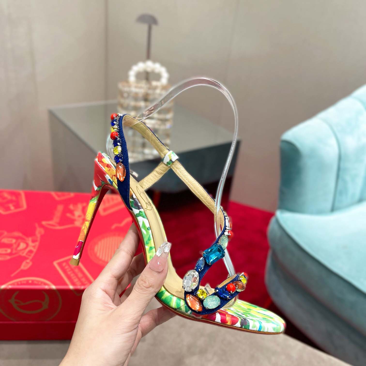 Christian Louboutin Satin Floral Print Slingback Sandals  10cm - DesignerGu