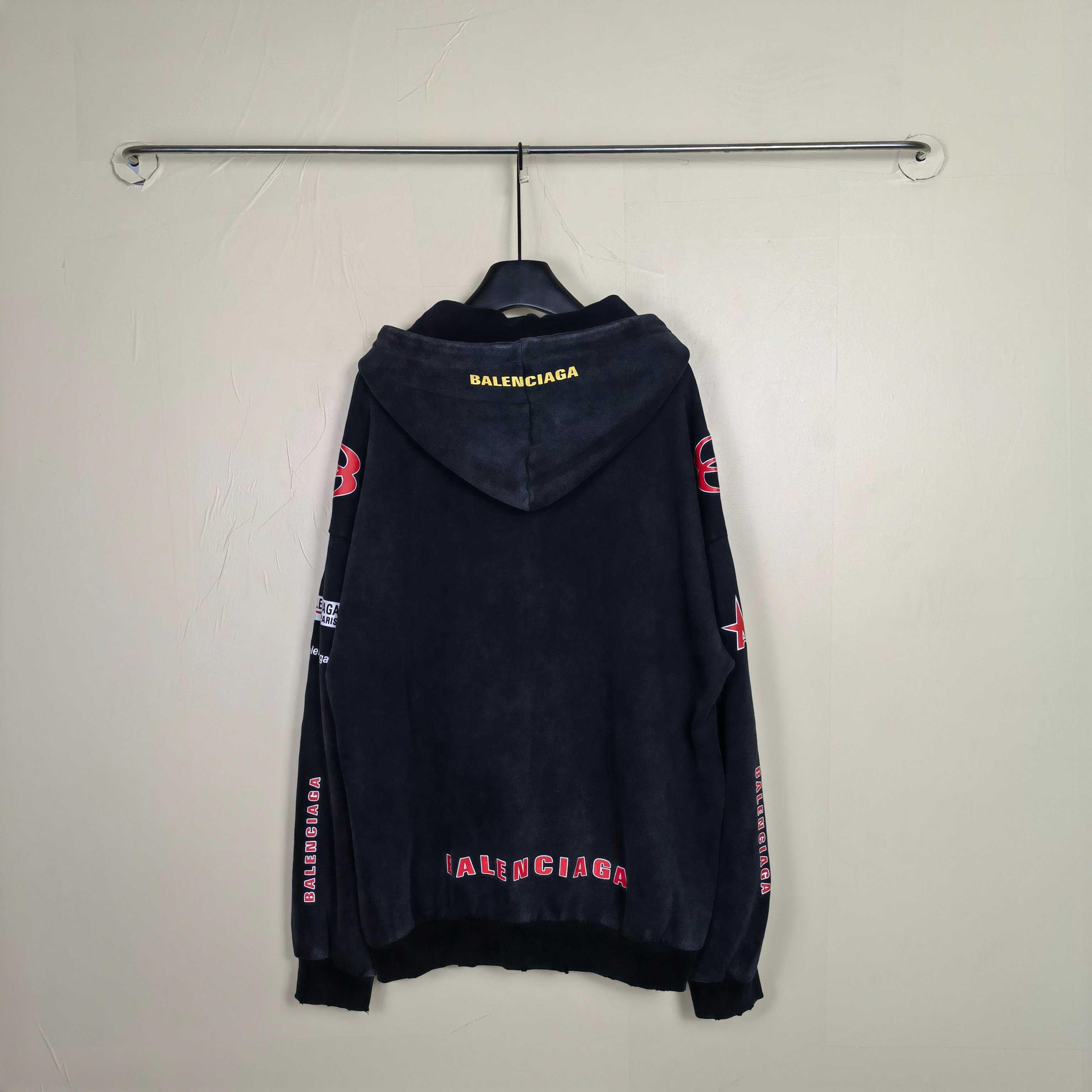 Balenciaga Sponsor Logos Large Zip-Up Hoodie In Faded Washed Black - DesignerGu