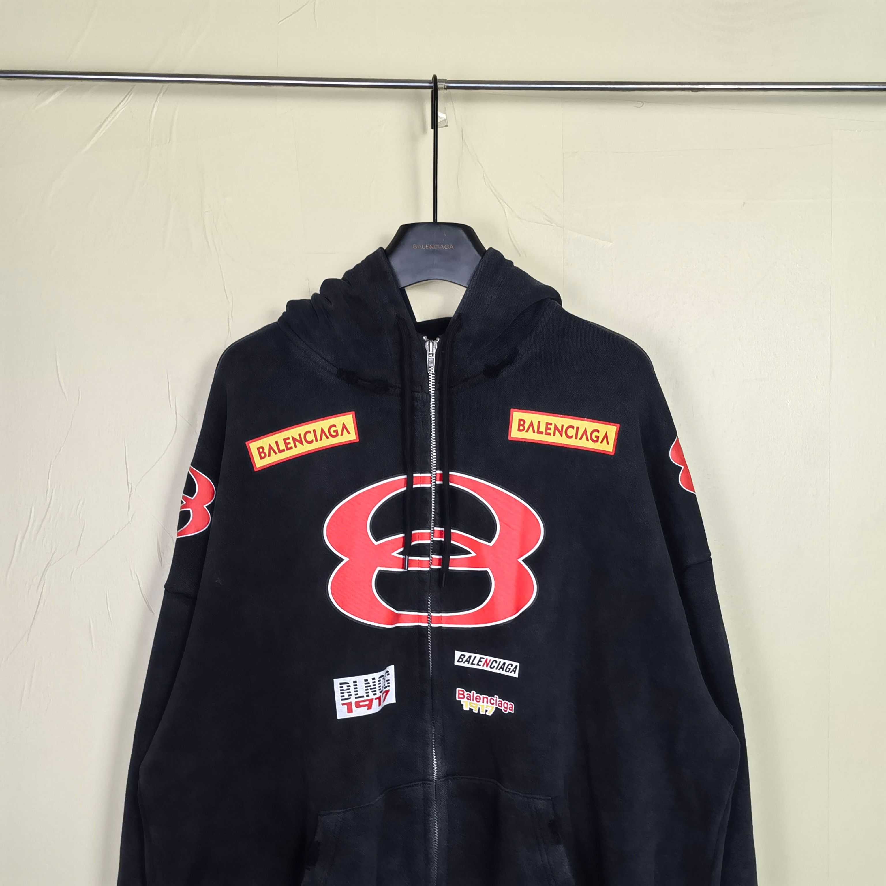 Balenciaga Sponsor Logos Large Zip-Up Hoodie In Faded Washed Black - DesignerGu