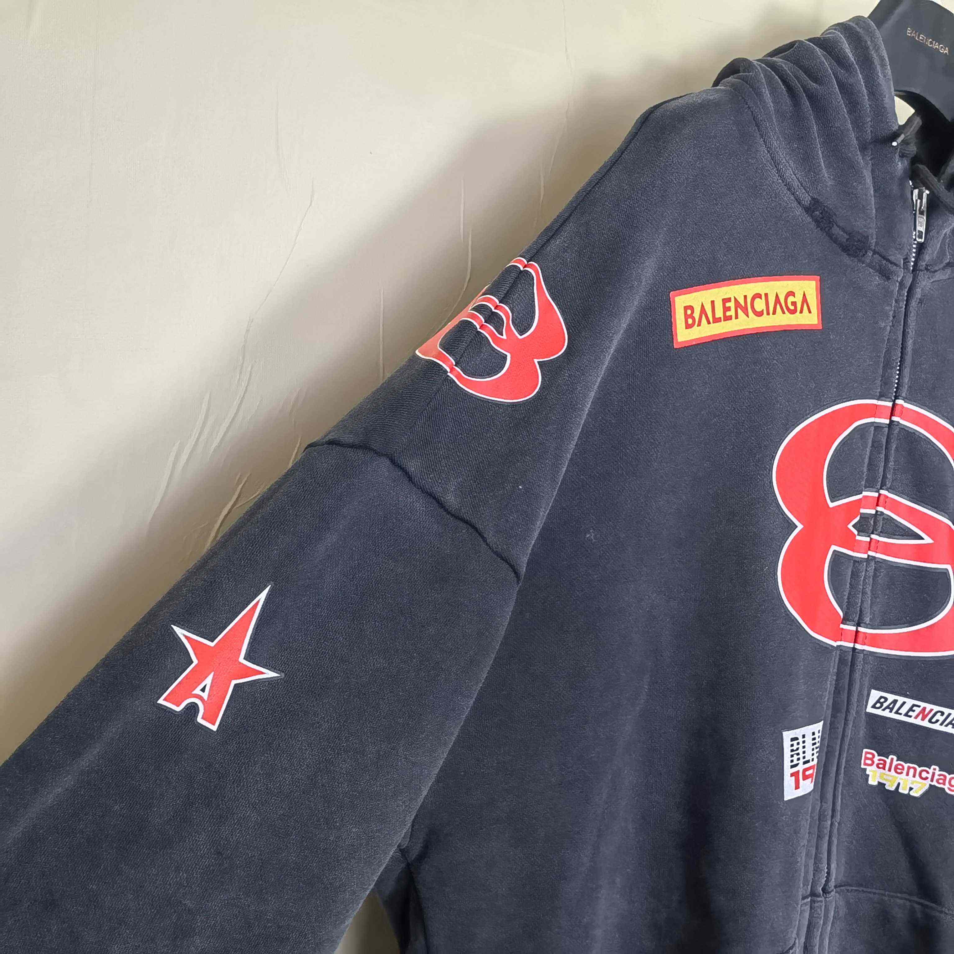 Balenciaga Sponsor Logos Large Zip-Up Hoodie In Faded Washed Black - DesignerGu