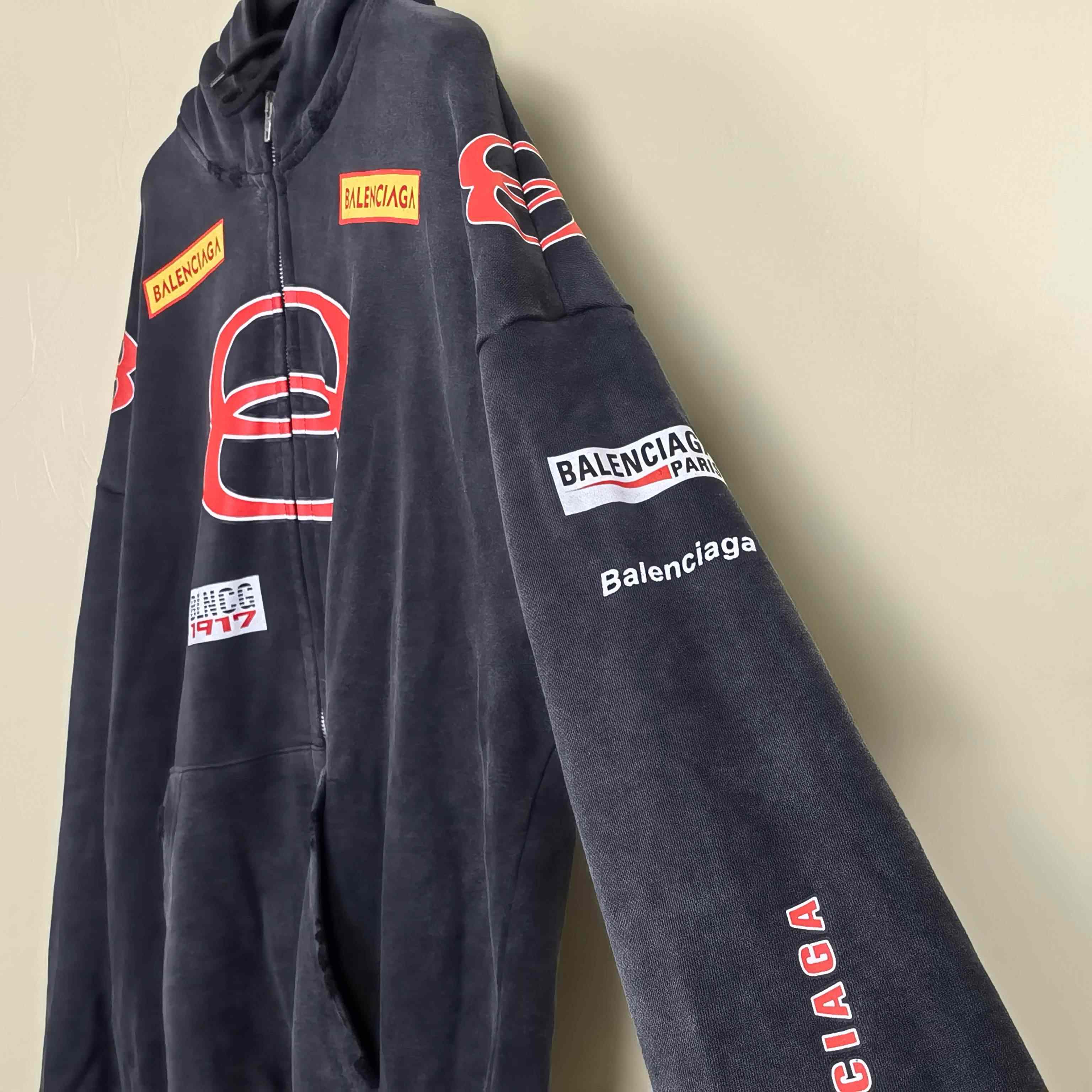 Balenciaga Sponsor Logos Large Zip-Up Hoodie In Faded Washed Black - DesignerGu