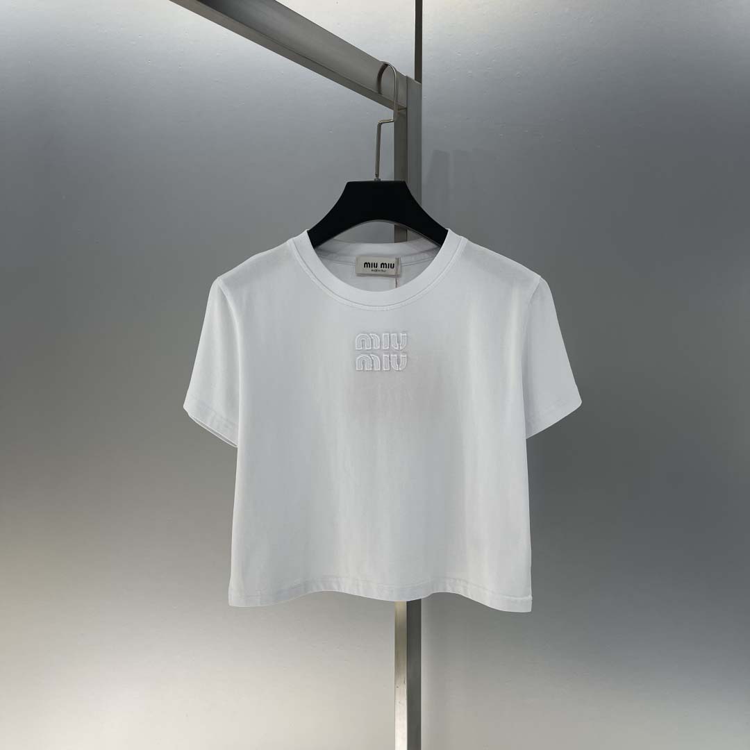 Miu Miu White Cotton Jersey T-shirt  - DesignerGu