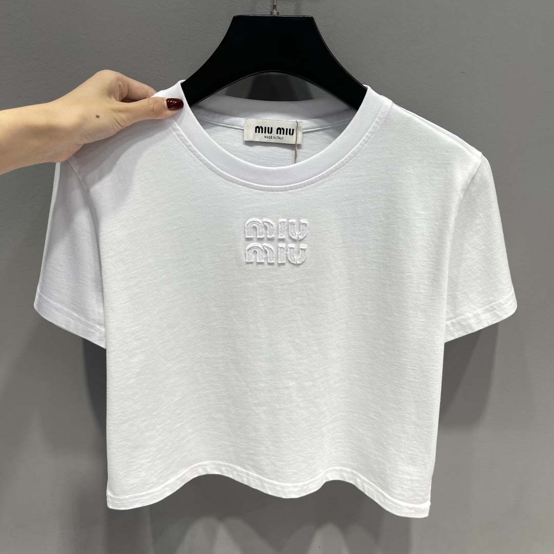 Miu Miu White Cotton Jersey T-shirt  - DesignerGu