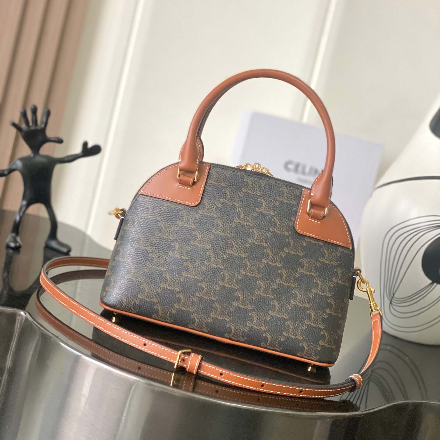 Celine Small Bowling In Triomphe Canvas And Calfskin  - DesignerGu