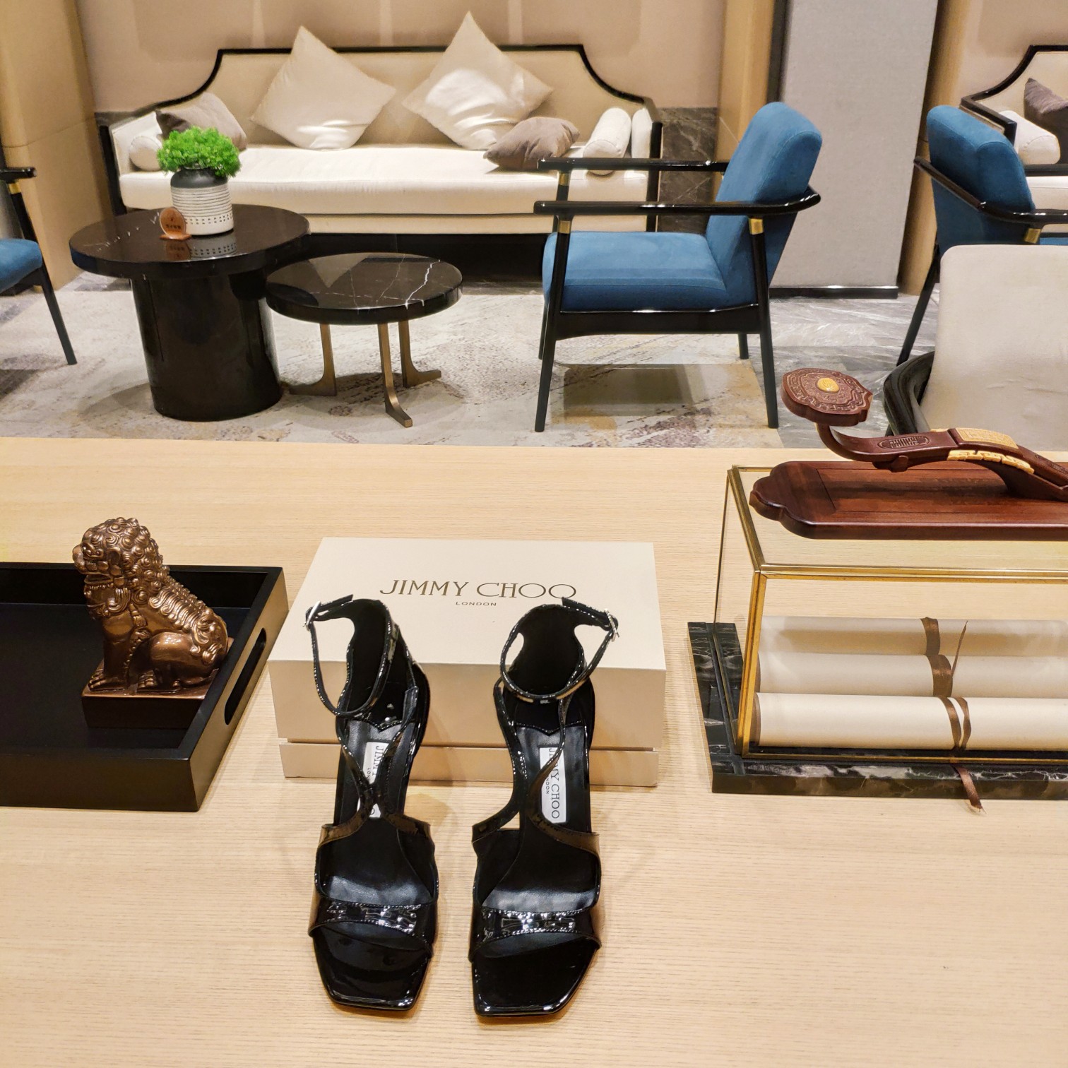Jimmy Choo Azia 95 Black Patent Leather Sandals - DesignerGu