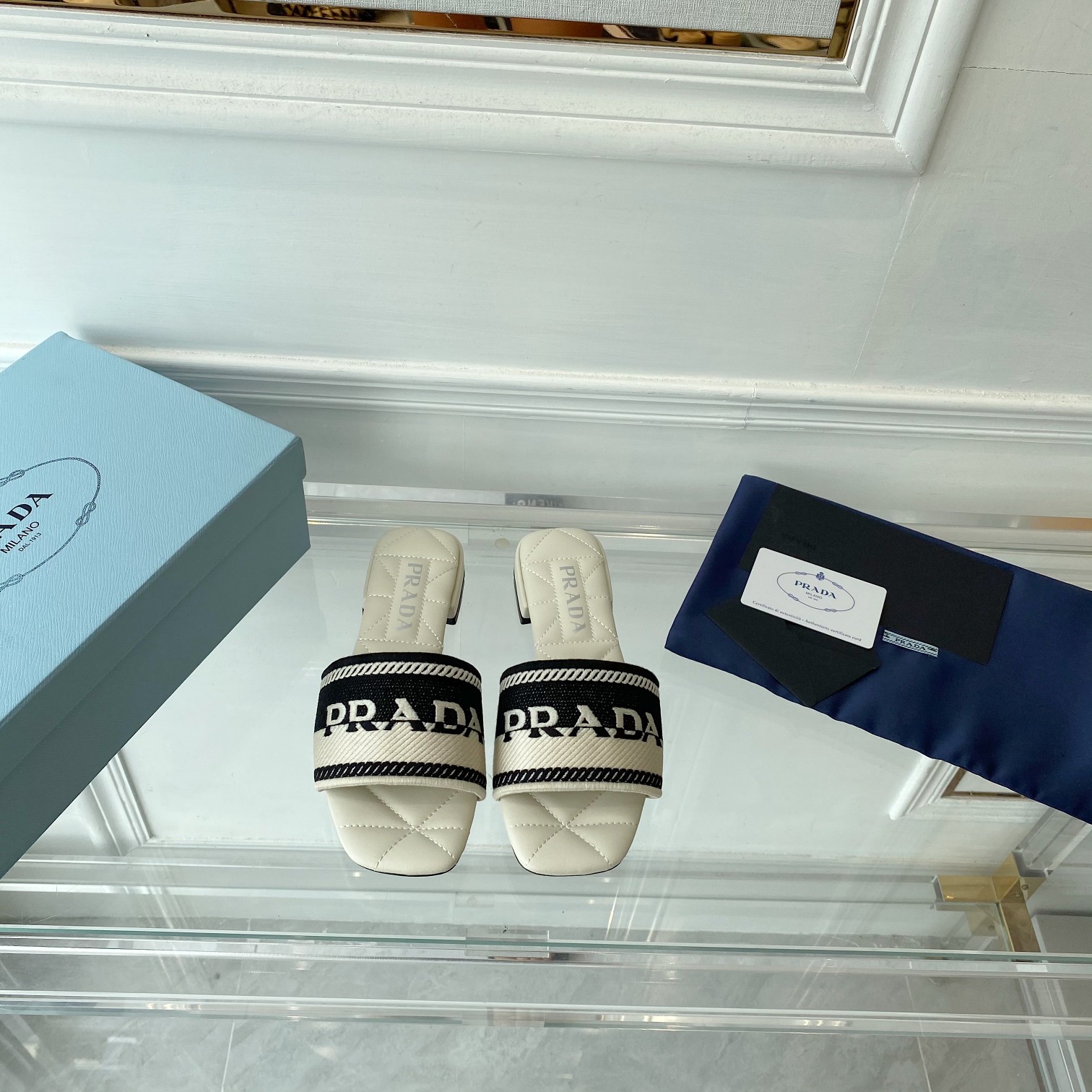 Prada Embroidered Fabric Slides - 
