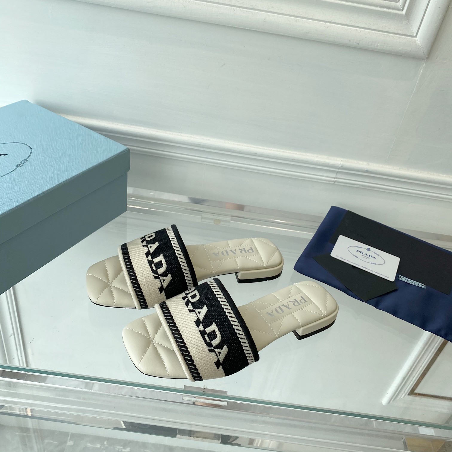 Prada Embroidered Fabric Slides - 
