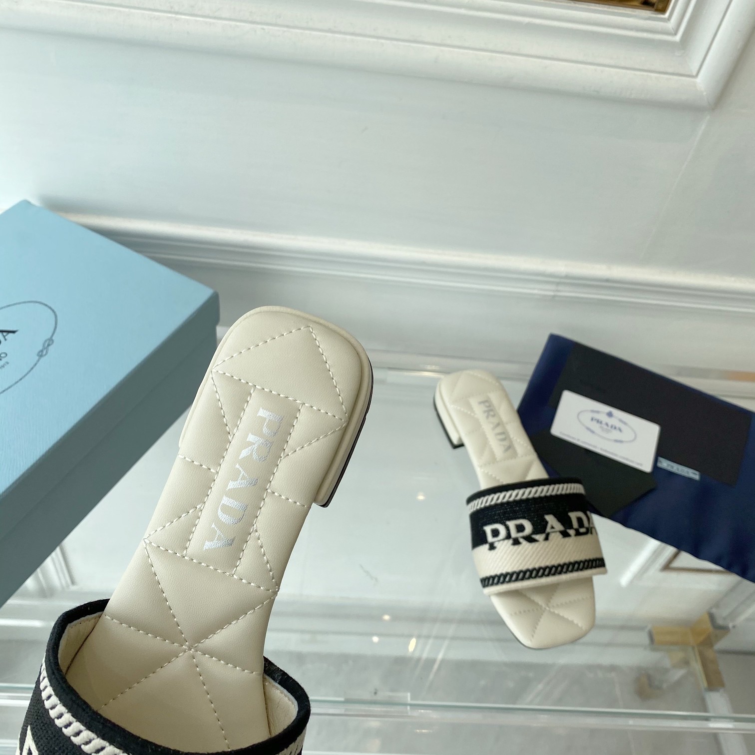 Prada Embroidered Fabric Slides - 