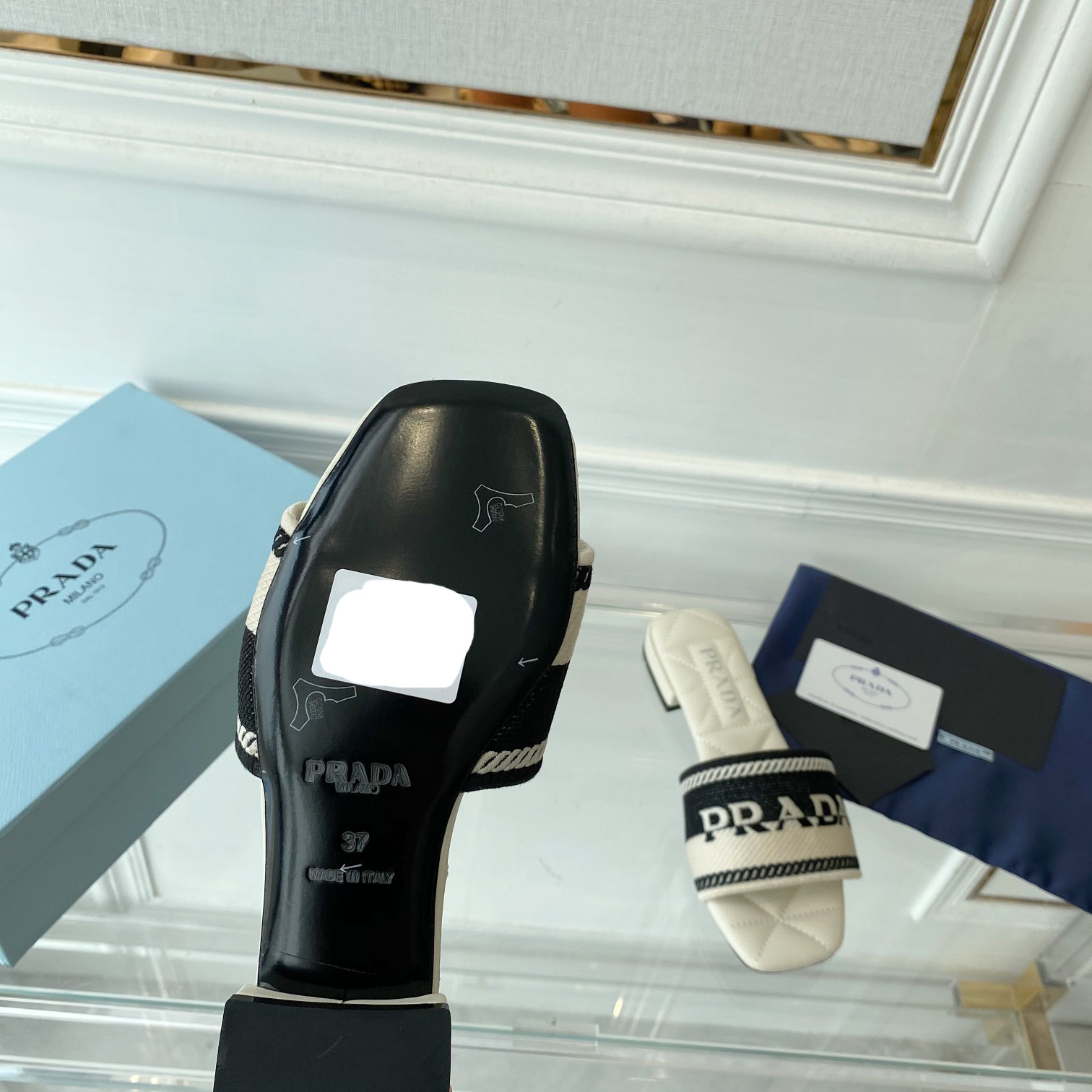 Prada Embroidered Fabric Slides - 
