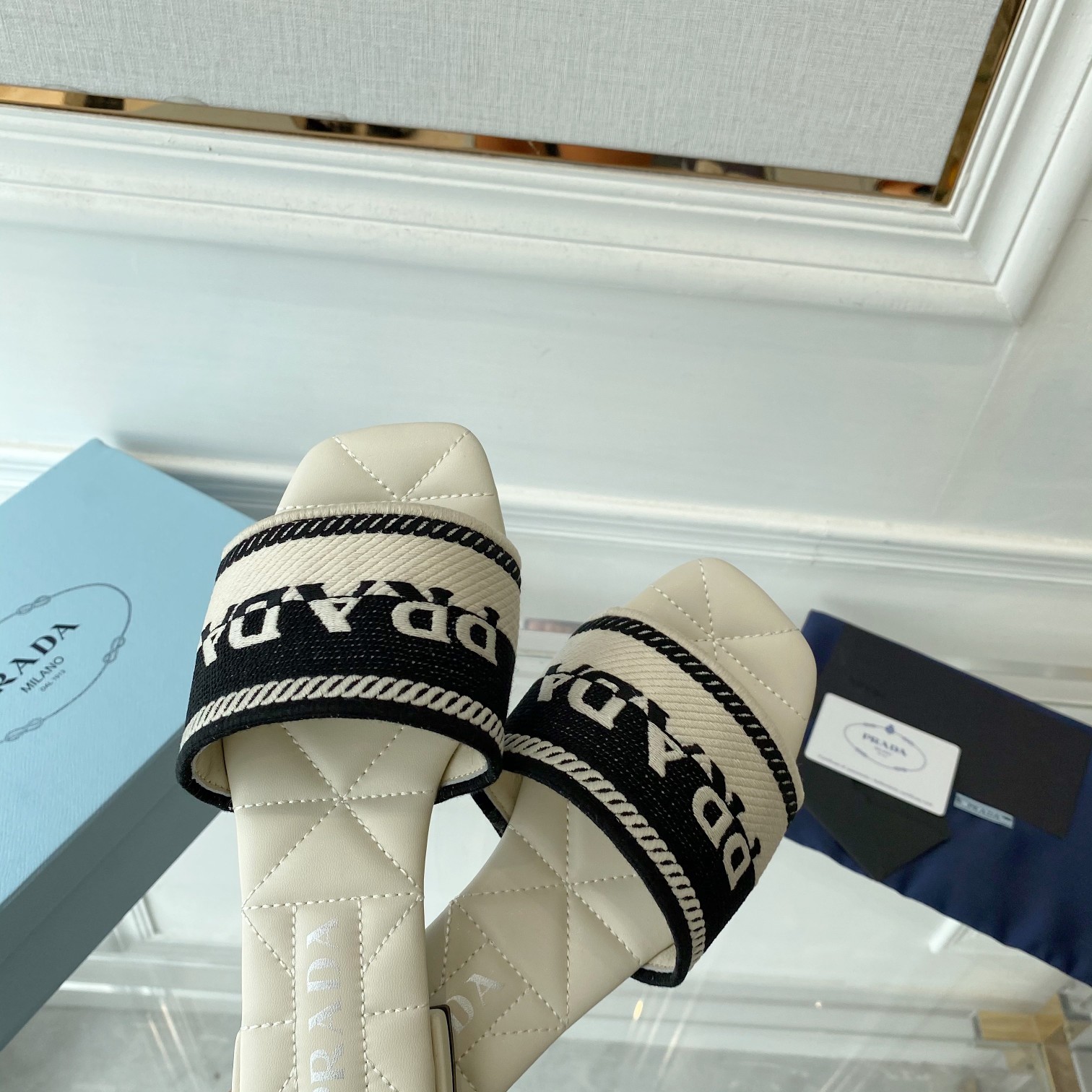 Prada Embroidered Fabric Slides - 