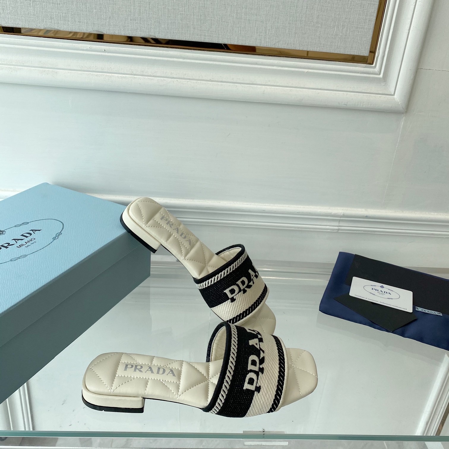 Prada Embroidered Fabric Slides - 